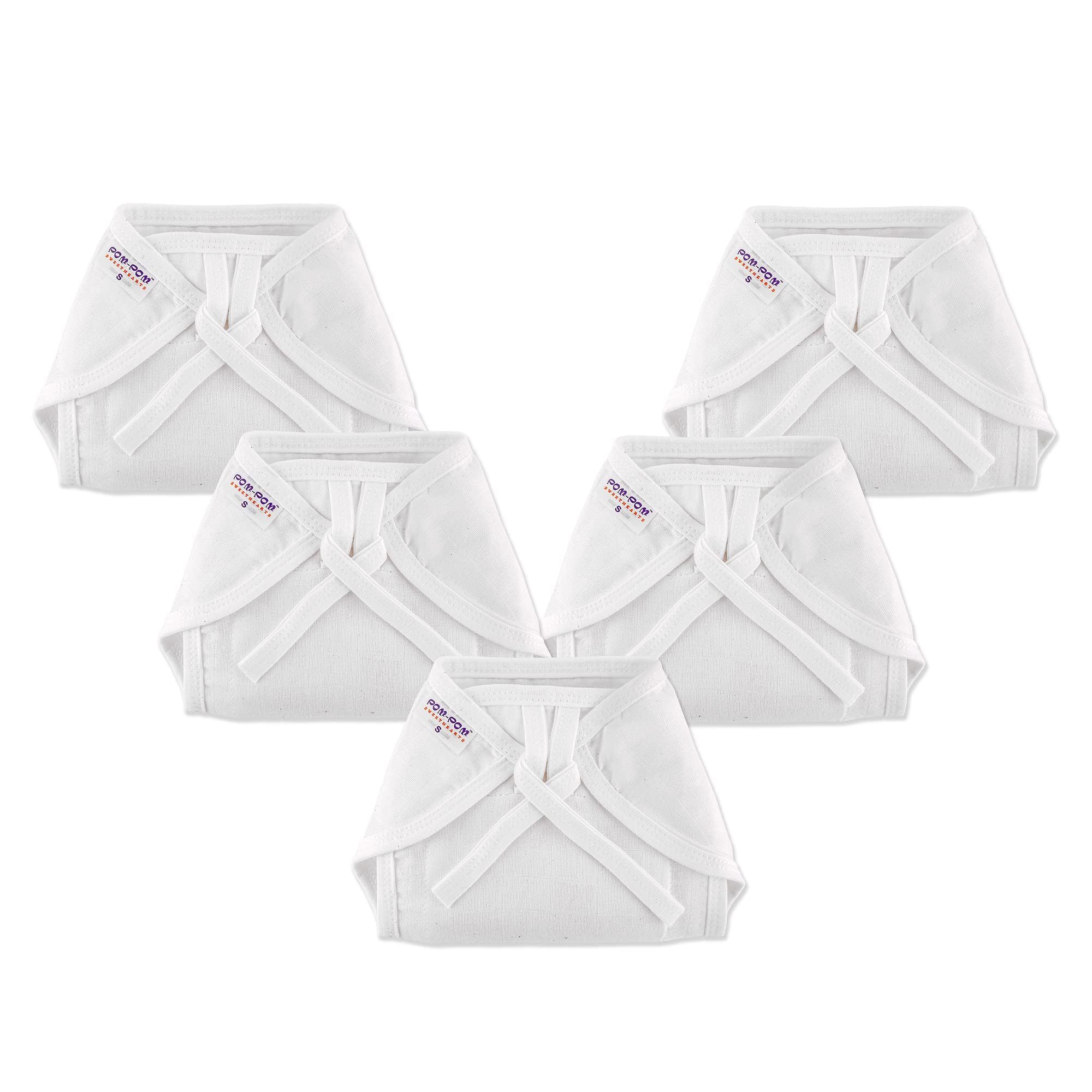 Tie up Nappy For Babies, Reusable, Washable Soft Muslin Cotton Nappy/Langot for New Born Baby | Gentle on Baby Skin | Helps in Potty Training | 3-6 months | Pack of 5 | White