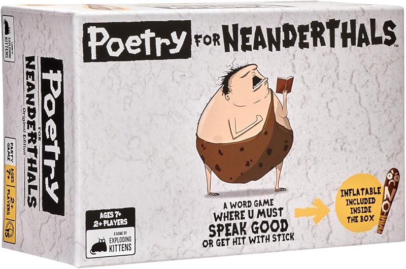 Poesía para neandertales, 2-6 jugadores, más de 7años | ¡Sé un poeta neandertal! Dé palabras y frases de una sílaba para que los amigos adivinen la palabra en este juego de fiesta viral de rápido aprendizaje.