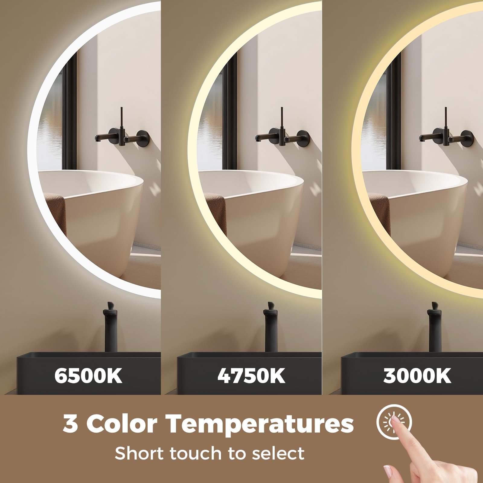 FANTASK Miroir de Salle de Bain Rond Lumineux, avec 3 Couleurs de lumière et variateur en continu, Anti-buée, en Verre trempé, pour la Maison, 60 x 60 cm