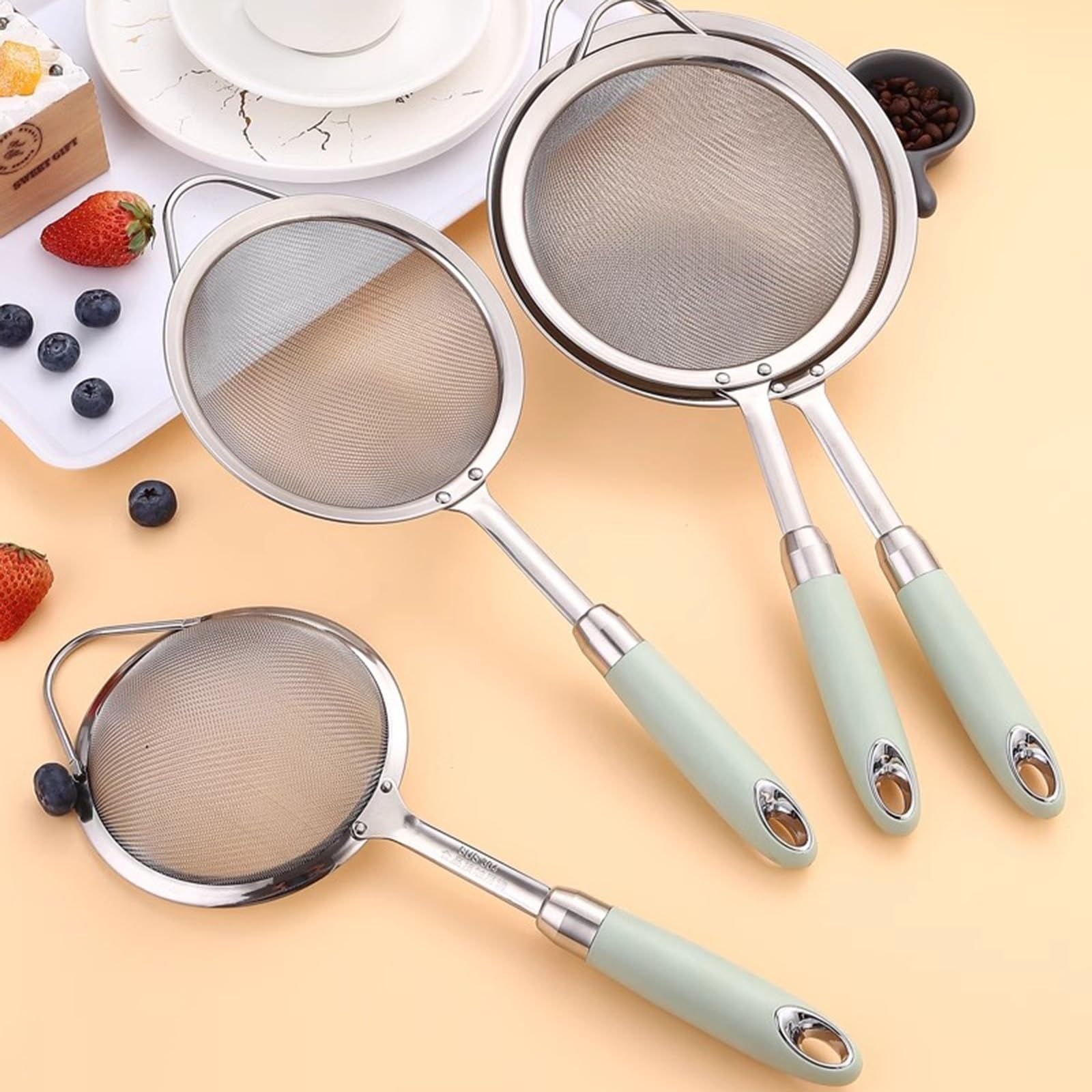Tamiz de harina de acero inoxidable, juego de 4 piezas de tamiz de cocina de acero inoxidable, colador de freír, tamiz de harina de cocina para tamizar o drenar