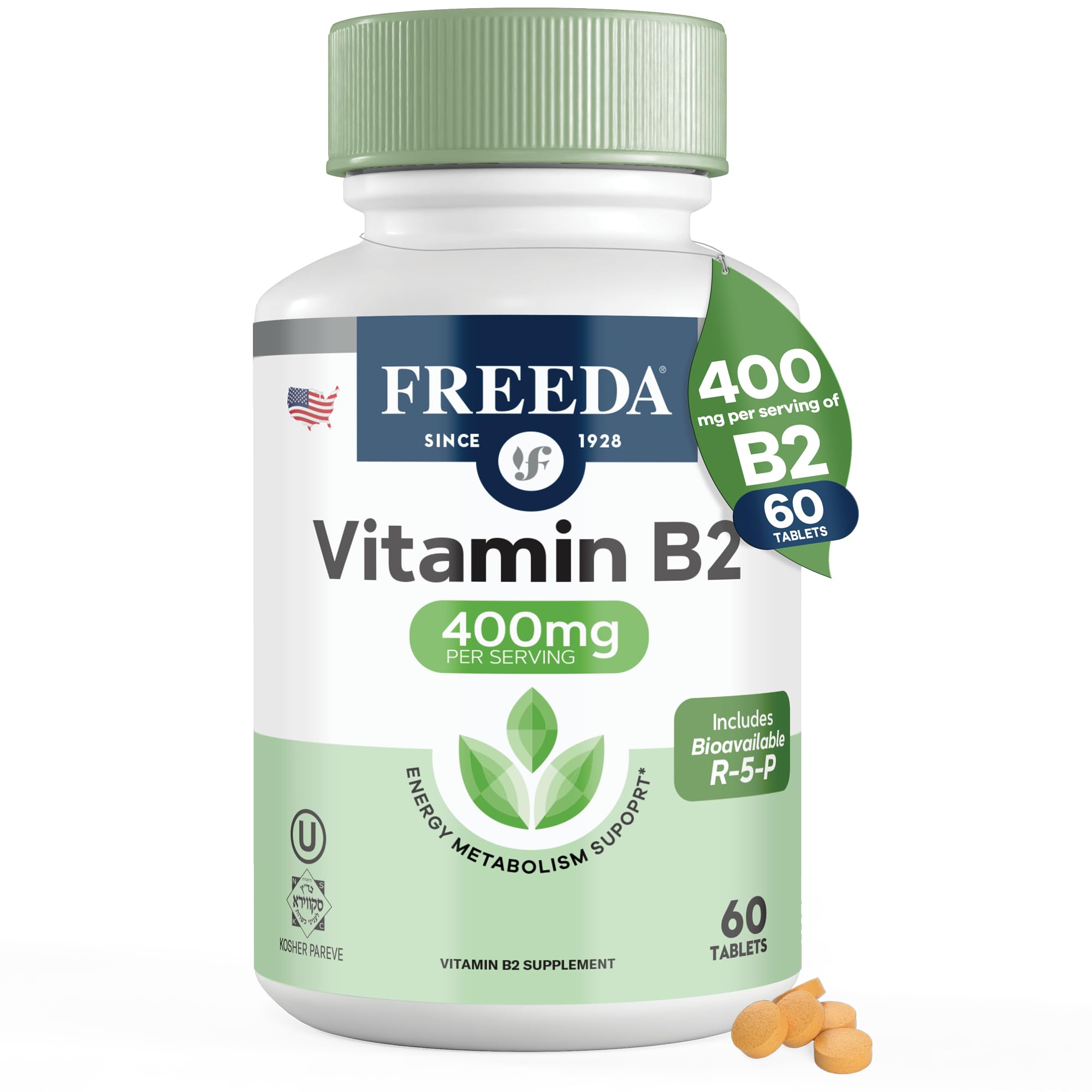 FREEDA Vitamin B2 400mg Riboflavin Supplement - 60 Vegan Tablets