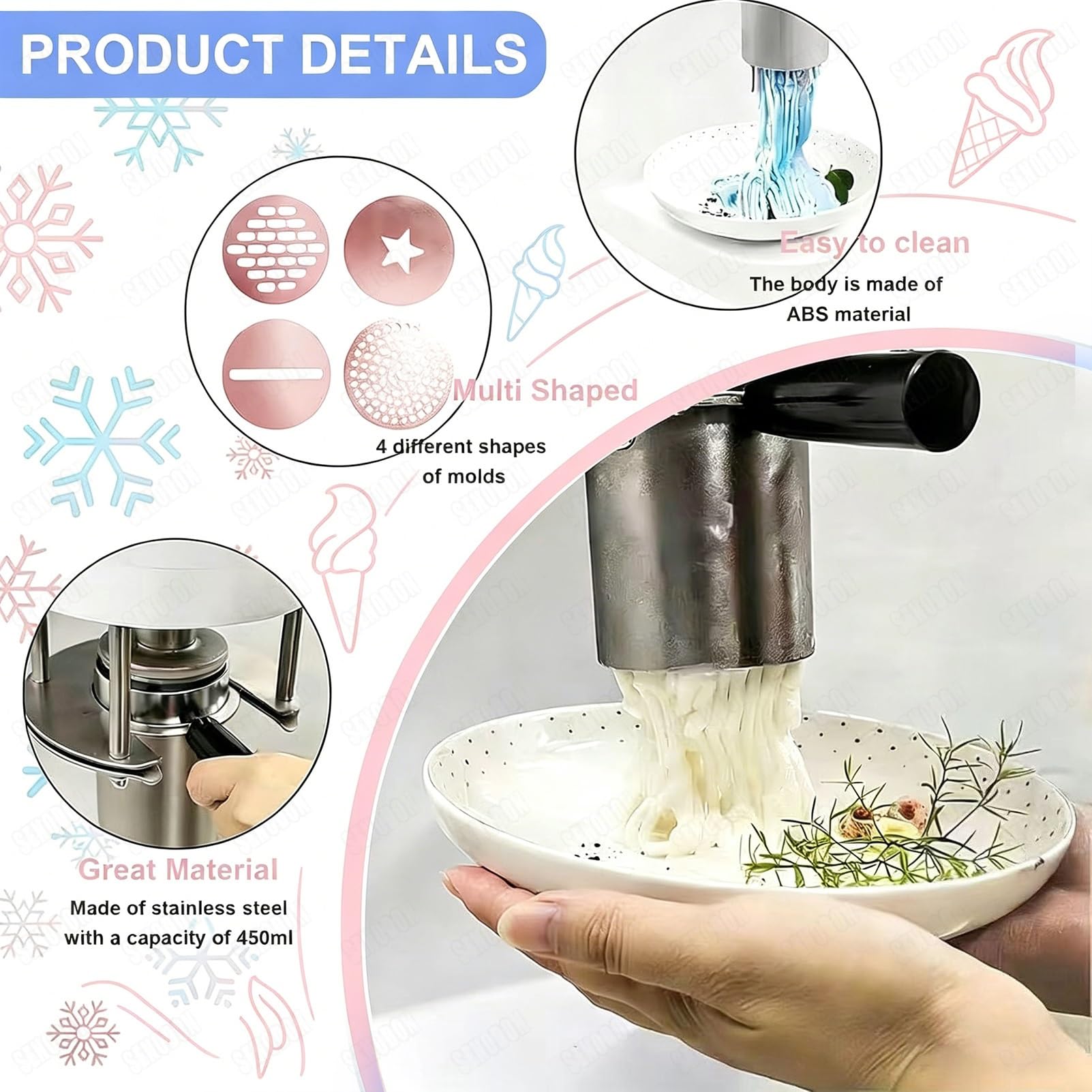 Máquina de helado en espagueti 80W, 4 moldes de acero inoxidable intercambiables, 30L/H, un solo toque, compacta para heladerías, parques y uso doméstico