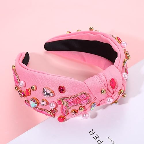 Miniatura 6 de NVENF YEEHAW - Diademas occidentales con diamantes de imitación, diadema de botas vaqueras con cuentas rosadas, con nudo superior ancho, accesorios