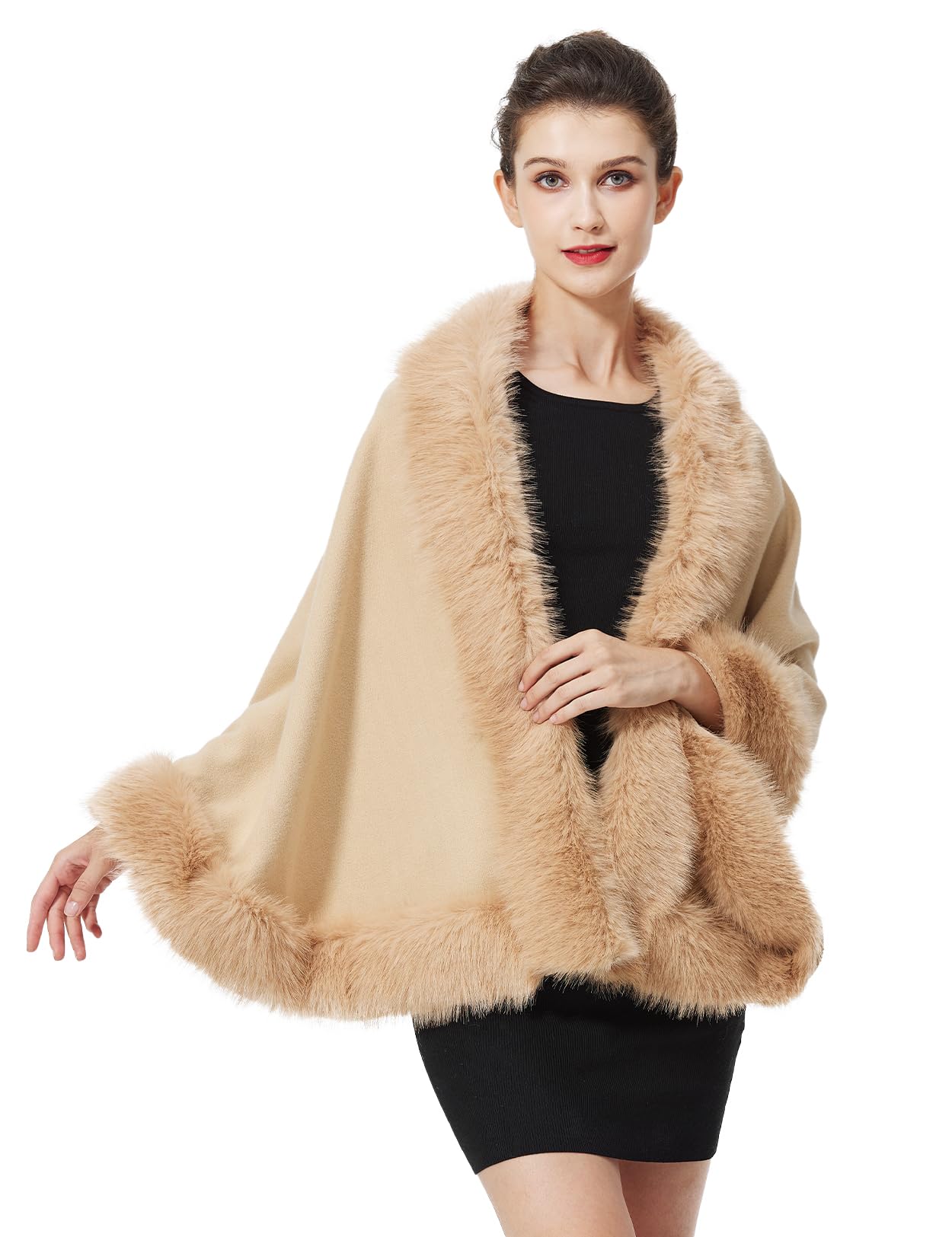 BEAUTELICATE Capa de Abrigo Punto con Chal de Piel Sintética de Conejo Poncho Estola de Pelo Mujer Cardigan de Boda para Fiesta Invierno