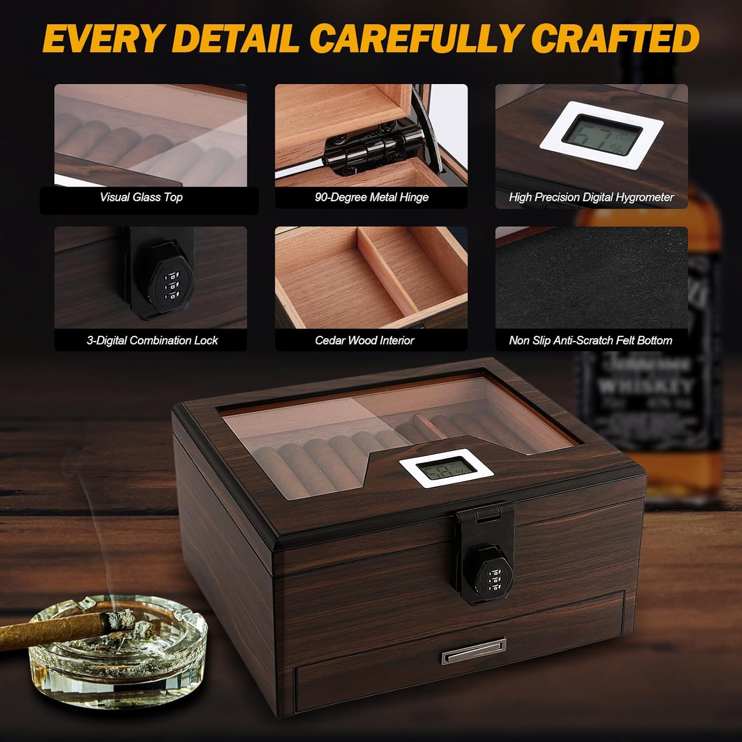 LIHTUN Cigar Humidor and Cigar Lighter Kit, Cedar Wood Cigar Case with Digital Hygrometer and Combo Lock, Multi-Function All-in-1 Butane Lighter and Humidor Box, Cigar Gift for Men, Can Hold 50 Cigars
