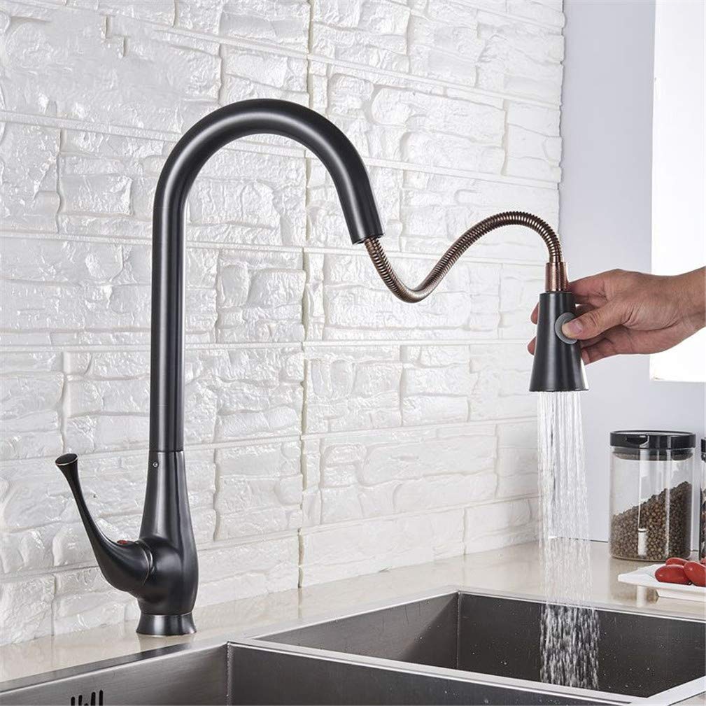 WIQUYBML Brushed Nickel ∕Black Orb Kitchen Faucet Pull Out Stream Spray Modes Deck Mounted Hot Cold Mixer Crane Tap 360 Degree Rotation Faucets with Aerator,Black