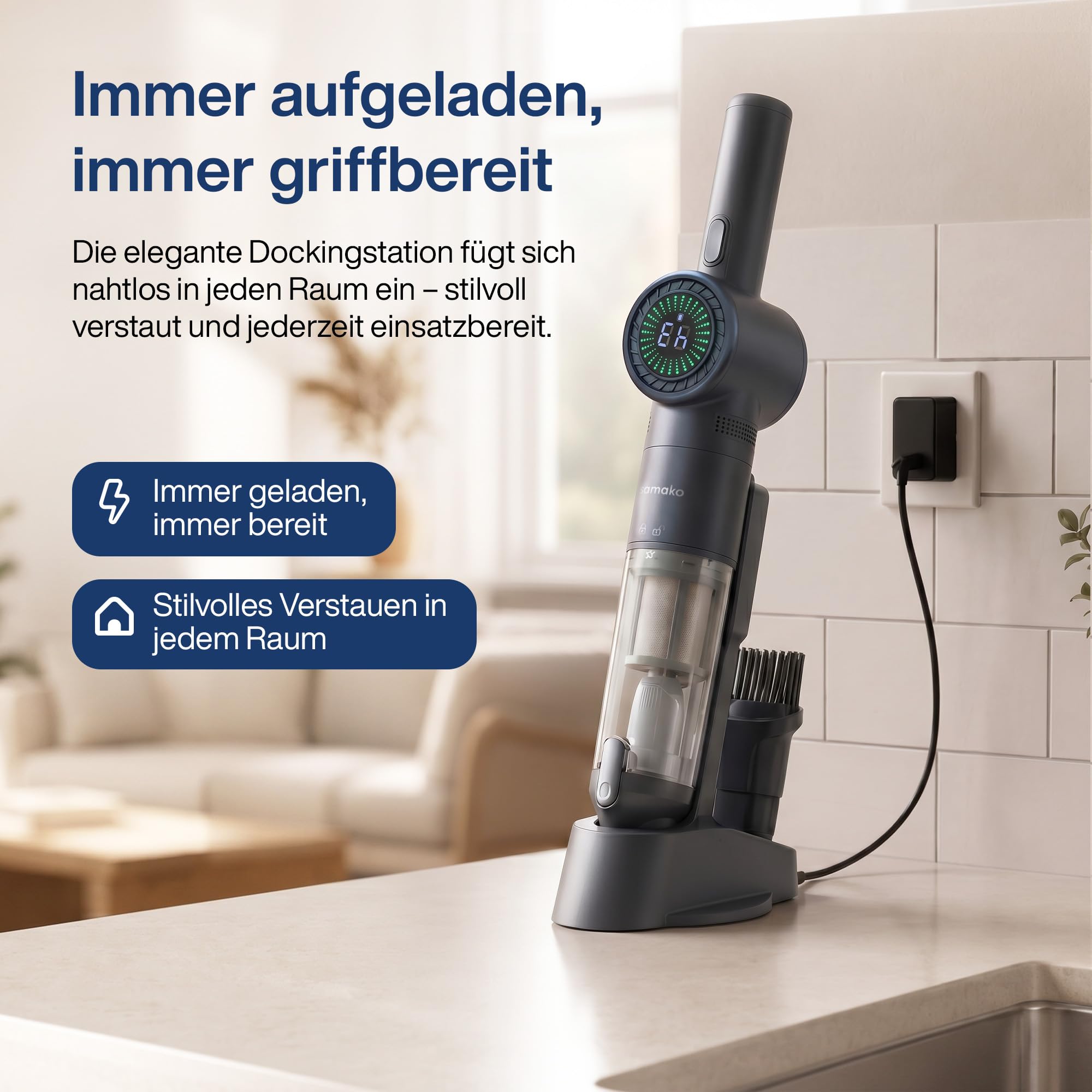Samako Akku-Staubsauger, 13,5 kPa mit LED-Anzeige NanoDetect Pro Staubsauger, Ultraleicht (0,85 kg), HEPA-Filter, Ladestation, Fugendüse und Flexibler Schlauch für Auto, Sofa und Haushalt