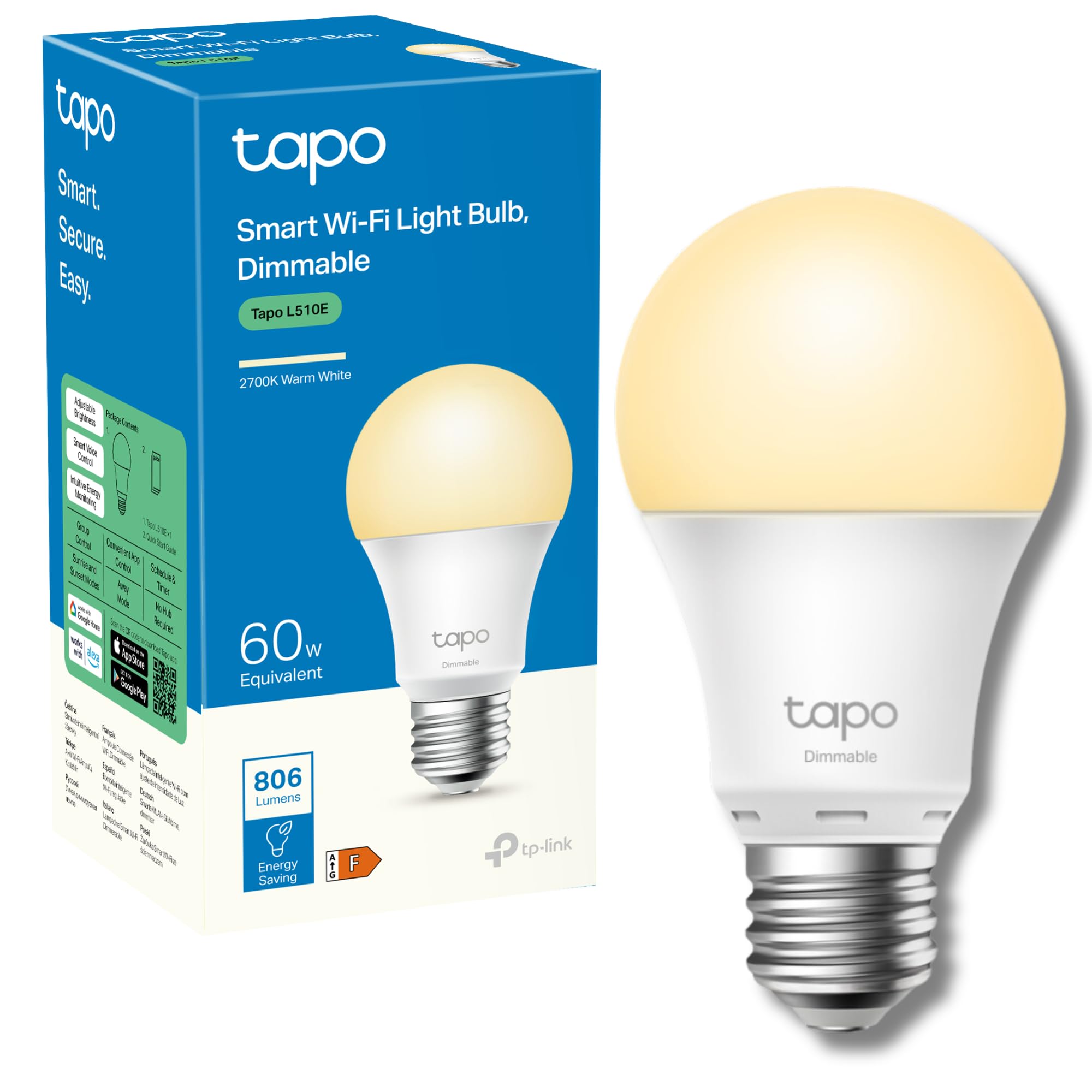 TapoSmart Wi-Fi Light Bulb, Dimmable