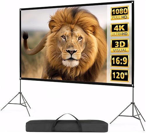 Pantalla de proyector portátil para exteriores de 120 pulgadas con soporte y bolsa de transporte, formato 169, 4K HD, sin arrugas, diseño plegable y