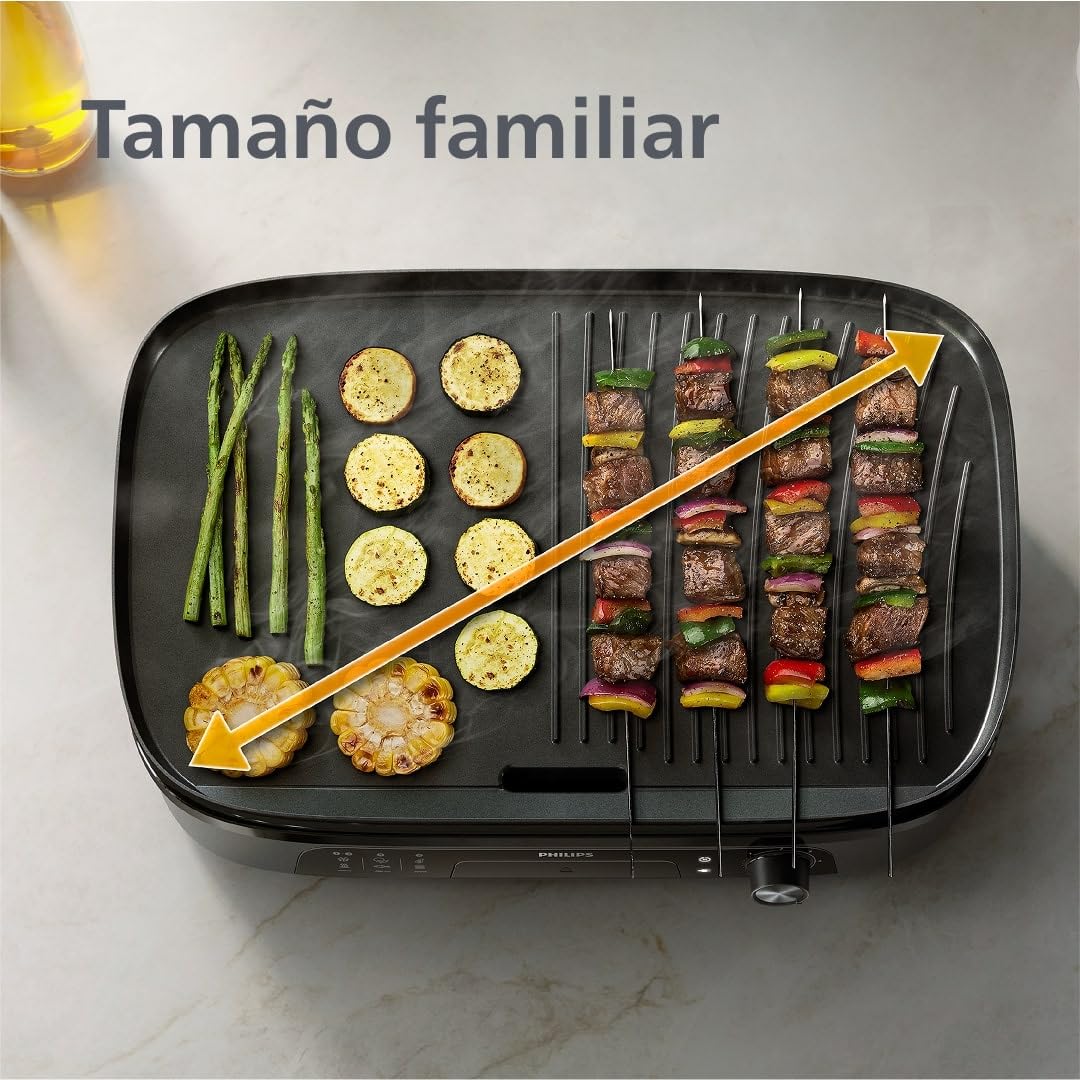 Philips Parrilla Grill Serie 3000 – Parrilla familiar grande, 2400 W de calentamiento rápido, temperatura ajustable, revestimiento antiadherente, fácil limpieza (HD6210/95)