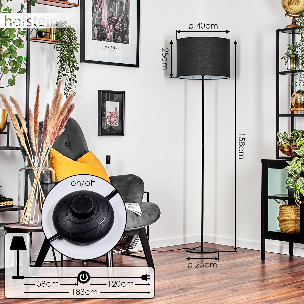 Stehleuchte Bassagoda, Stehlampe aus Metall/Stoff in Schwarz/Weiß, Leuchte im skandinavischen Design mit rundem Schirm (Ø 40 cm) u. Fußschalter, Höhe 158 cm, 1 x E27, ohne Leuchtmittel