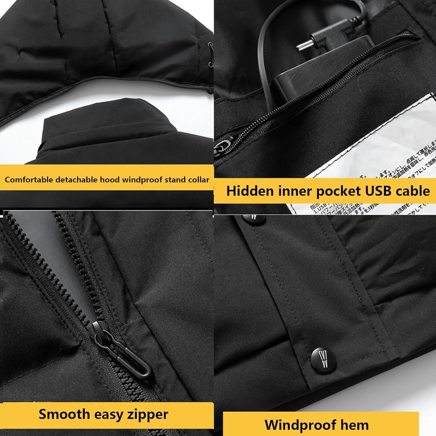 Wärmende Kleidung Beheizbare Weste mit Kapuze, USB-Anschluss, elektrische Bekleidung mit 3 Heizstufen, Winter-Outdoor-Ausrüstung (Nicht im Lieferumfang enthalten)(L(55-62.5kg))