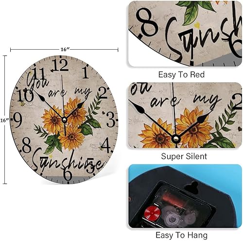Miniatura 6 de Reloj de madera con texto en inglés "You are My Sunshine", silencioso, sin tictac, funciona con pilas, 15 pulgadas, estilo retro, para otoño,