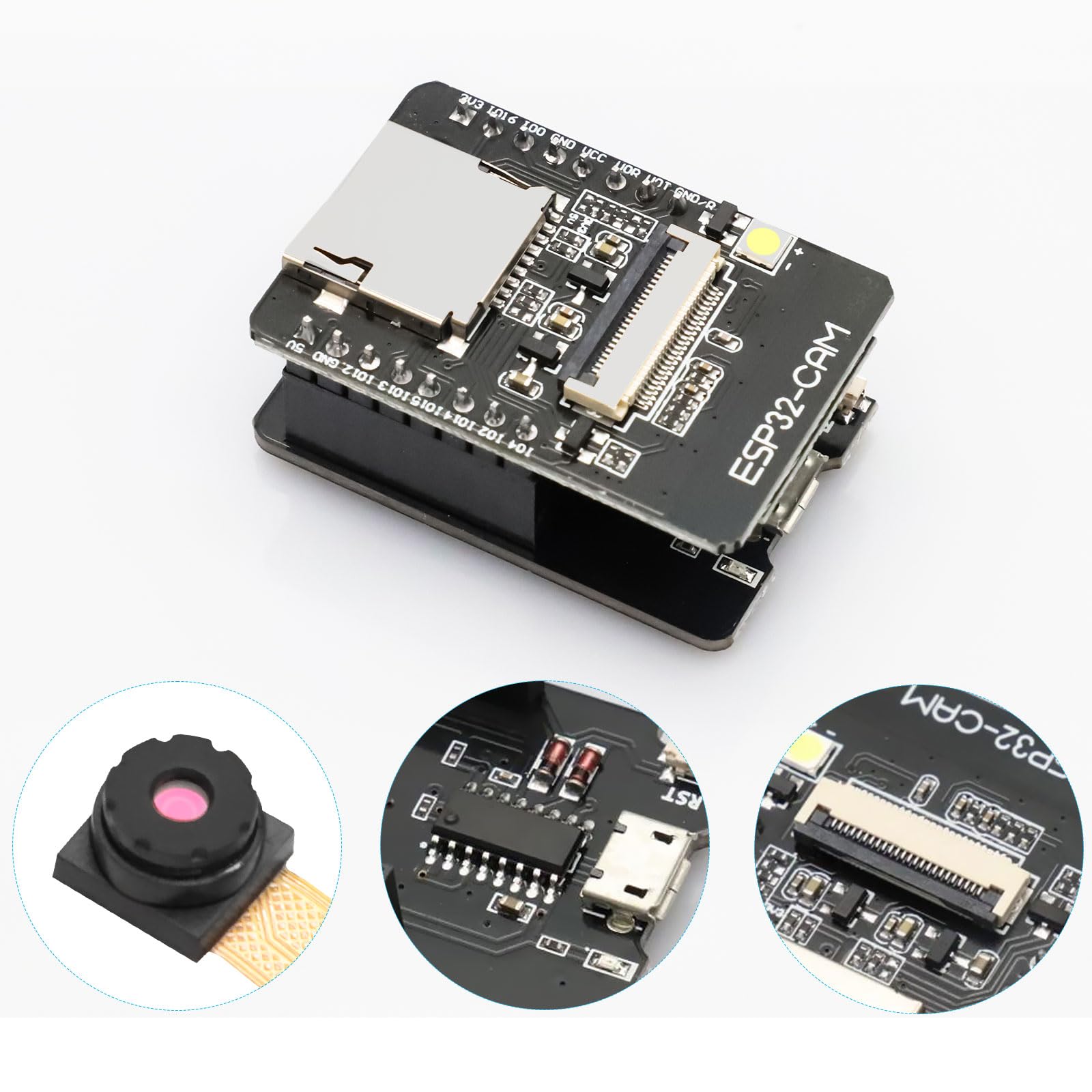 ESP32-CAM Carte de développement WiFi Bluetooth Dual Core avec caméra OV2640, TF Caméra, Micro USB, Compatible Arduino (3PCS)