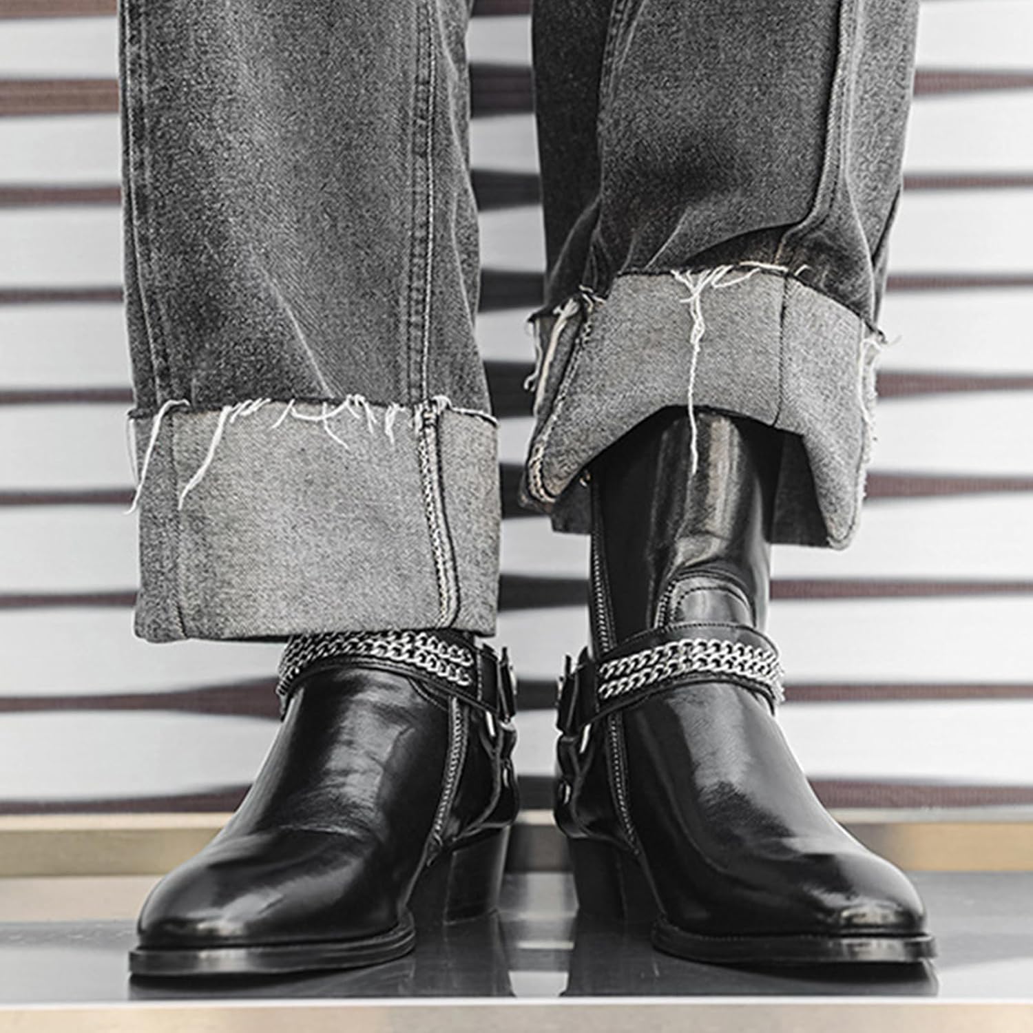 Mens Leather Side Zip Chunky Heel Chelsea Boots Fashion Buckle Chain Strap Pointed Toe Block Heel Ankle Chukka Boots For Dressy Work Office Business - Image 2