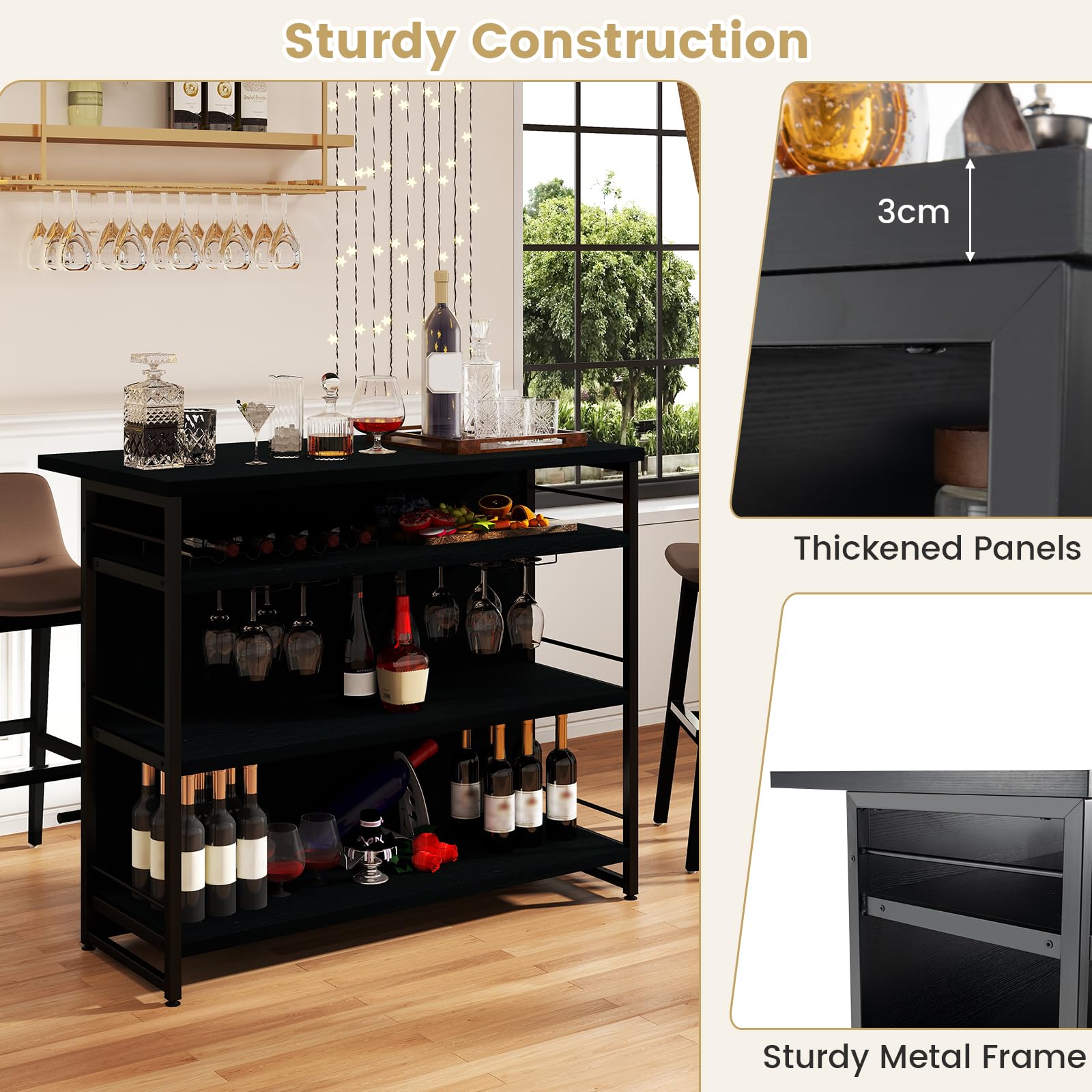GIANTEX Central Cucina con Piano di Lavoro, Tavolo da Bar a 4 Livelli con Porta Bottiglie, Porta Bicchieri, Porta Vino e Supporti per Bicchieri da Piedi, 60 x 120 x 101 cm