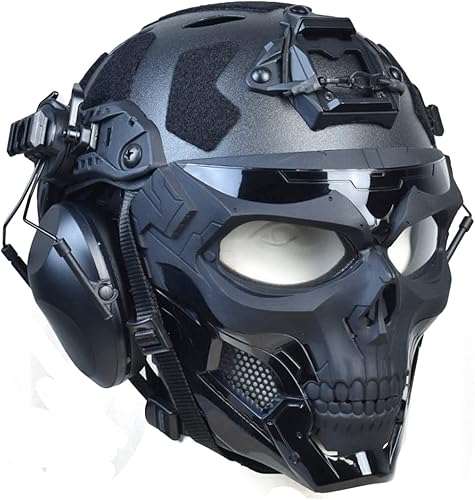 Máscara táctica de Airsoft completa y casco táctico con auriculares tácticos, protección auditiva de oído, cancelación de ruido, máscara de calavera
