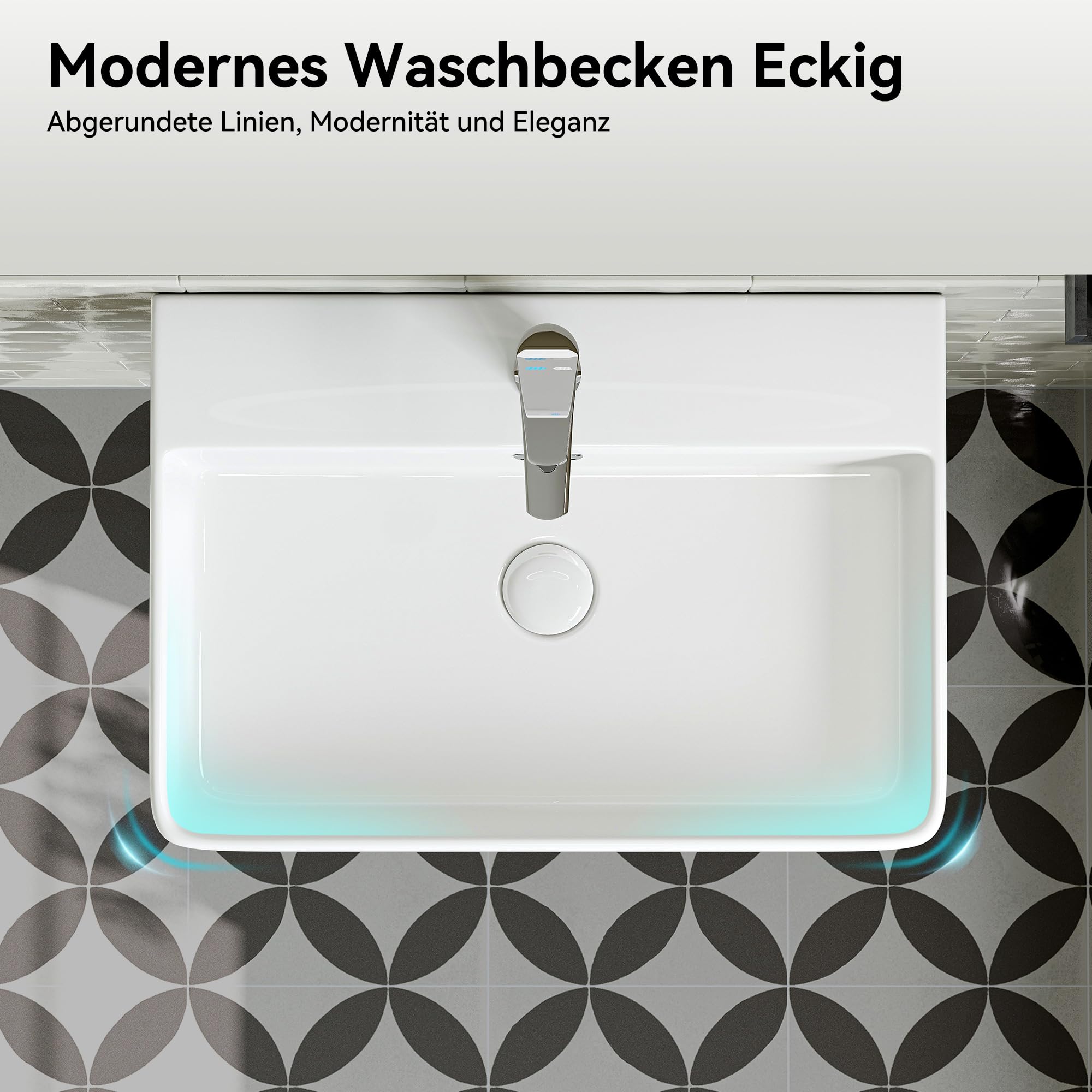 HOROW Waschbecken 60 cm Keramik, Modernes Aufsatzwaschbecken mit Hahnloch & Überlauf, Weiße Hängewaschbecken Waschtisch Bad für Badezimmer, Gäste WC & Garten, leicht zu reinigen
