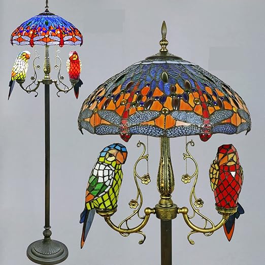 errzom Dragonfly Parrot Floor Lamp Tiffany Stained Glass Lampshade Parrot Night Lamp 65" Tall Pole Torchiere Standing Corner Torch Light Antique Mission Reading Light for Living Room,Blue photo 3