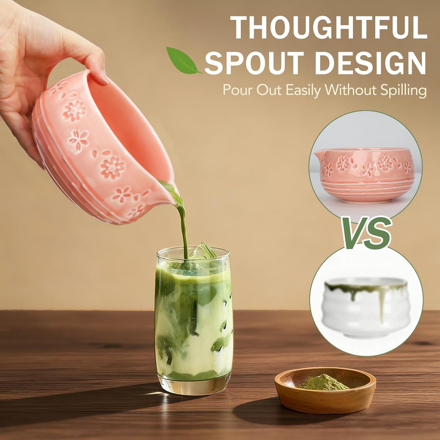 Matcha Whisk Set, Ceramic Bowl with Spout, Bamboo Matcha Whisk & Spoon, Chasen Holder, Scoop Rest, Sifter, 8-Pcs Japanese Ceremony Matcha Powder Kit–Valentine's Day Gift for Women-Pink