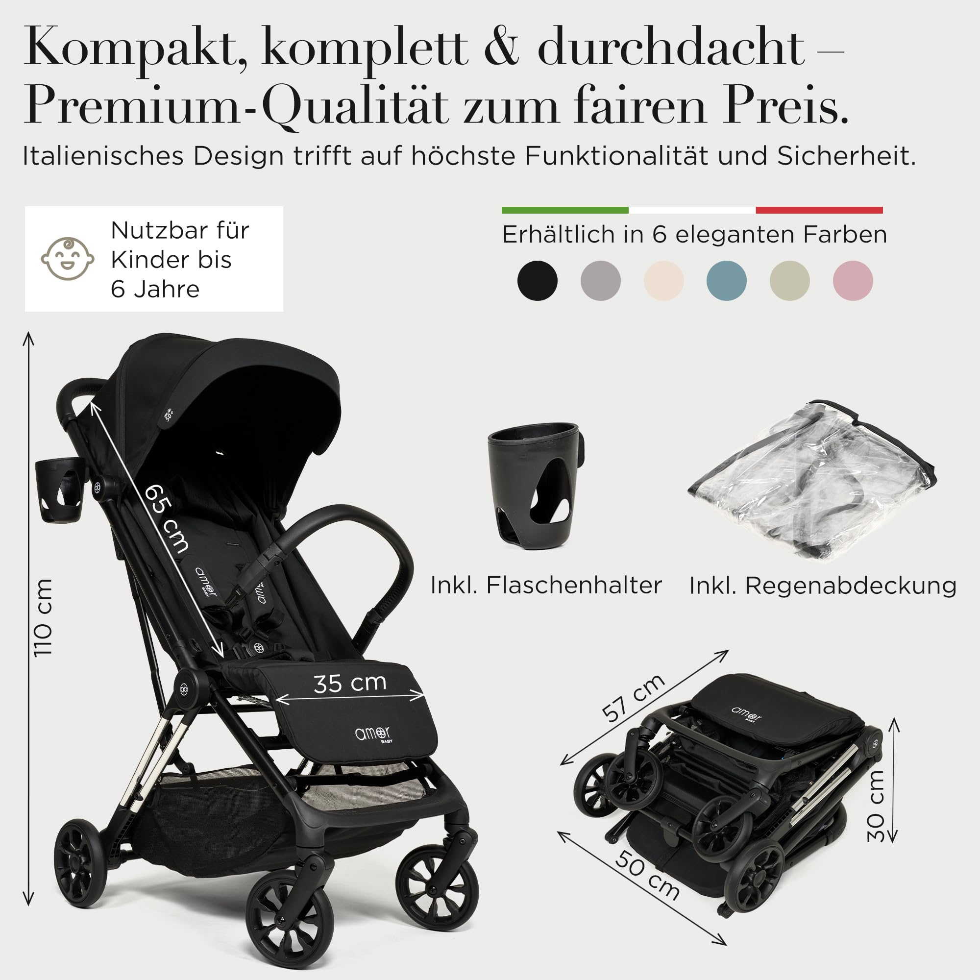 AMOR BABY Reisebuggy leichter Kinderwagen mit Einhand-Faltsystem klappbar kompakt für Reisen Auto Urlaub verstellbarer Sitz