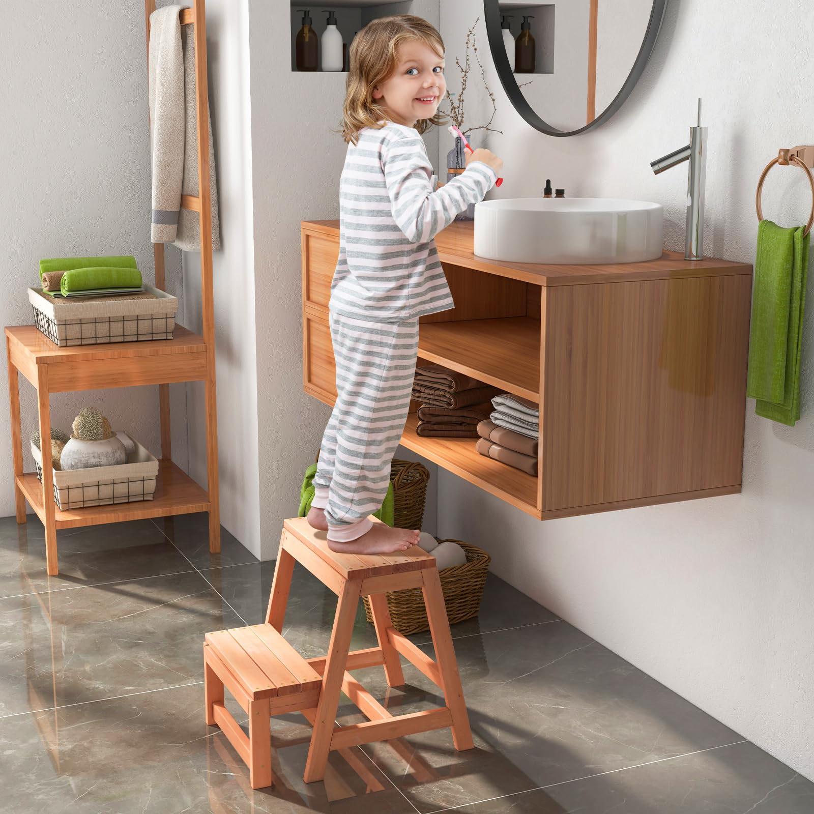 GIANTEX Taburete Escalera Plegable de Madera de Abeto, 2 Peldaños, 50 x 39 x 45 cm, Taburete Plegable Multifuncional, Carga 150 kg+100 kg, para Biblioteca, Cocina, Jardín, Almacén