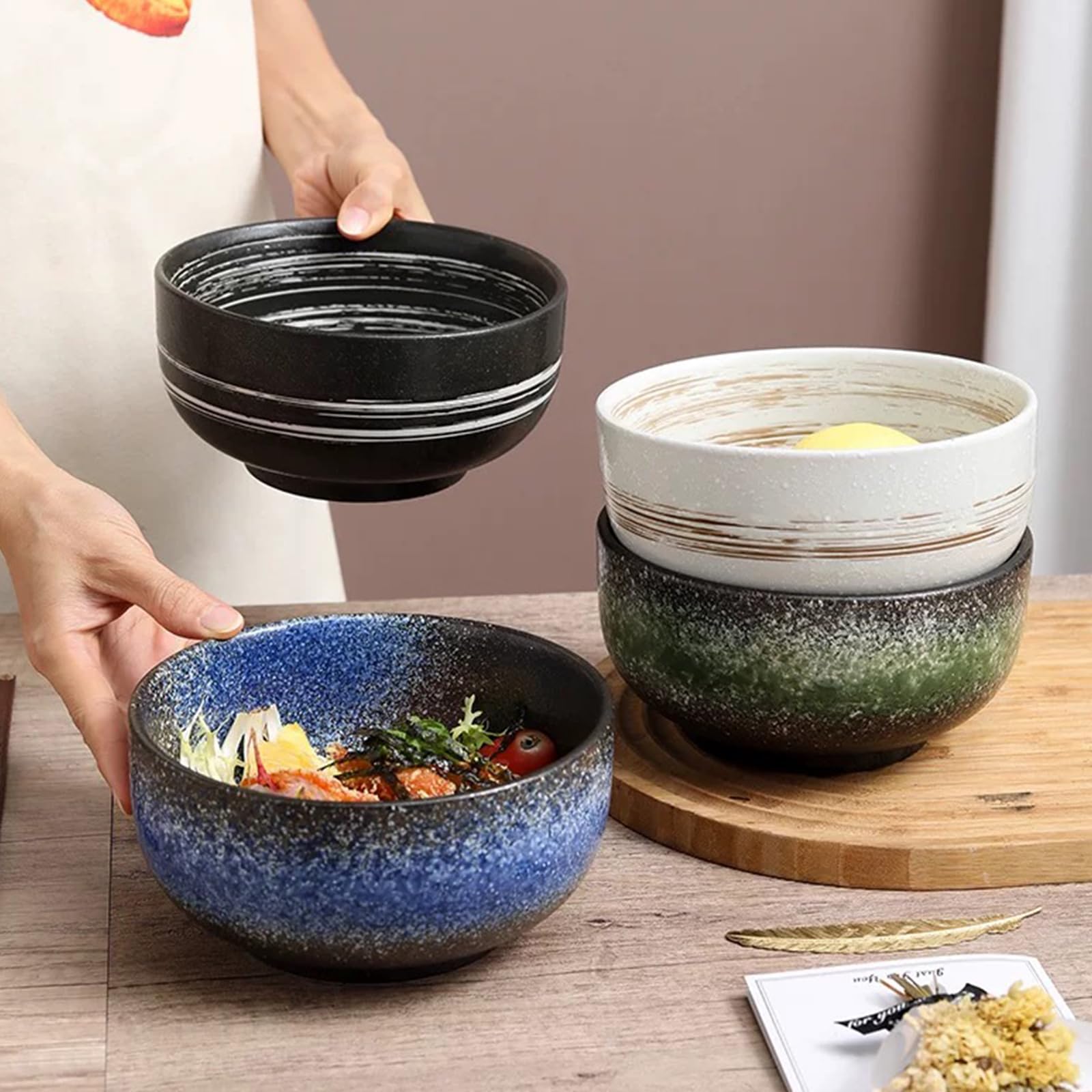 Set Ciotole Ramen In Ceramica Giapponese - Con Cucchiaio E Bacchette - Design Elegante Per Zuppe E Noodle - Foto 4