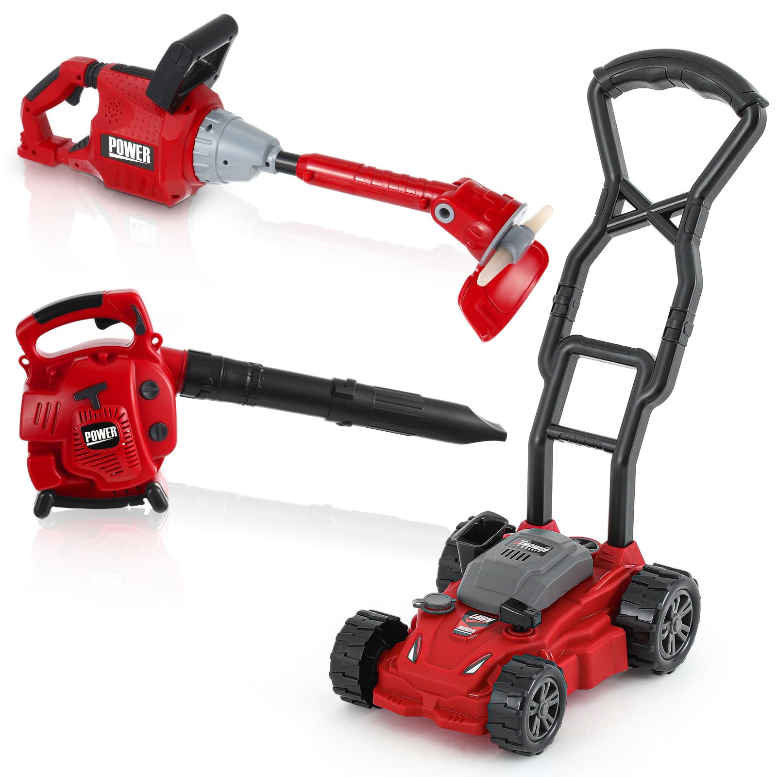 3 Pcs Toy Gardening Tool Set for Kids Toy Leaf Blower Weed Trimmer Push Lawn Mower Pretend Play Set with Lights and Sounds Christmas Birthday Gifts for Boys Girls
