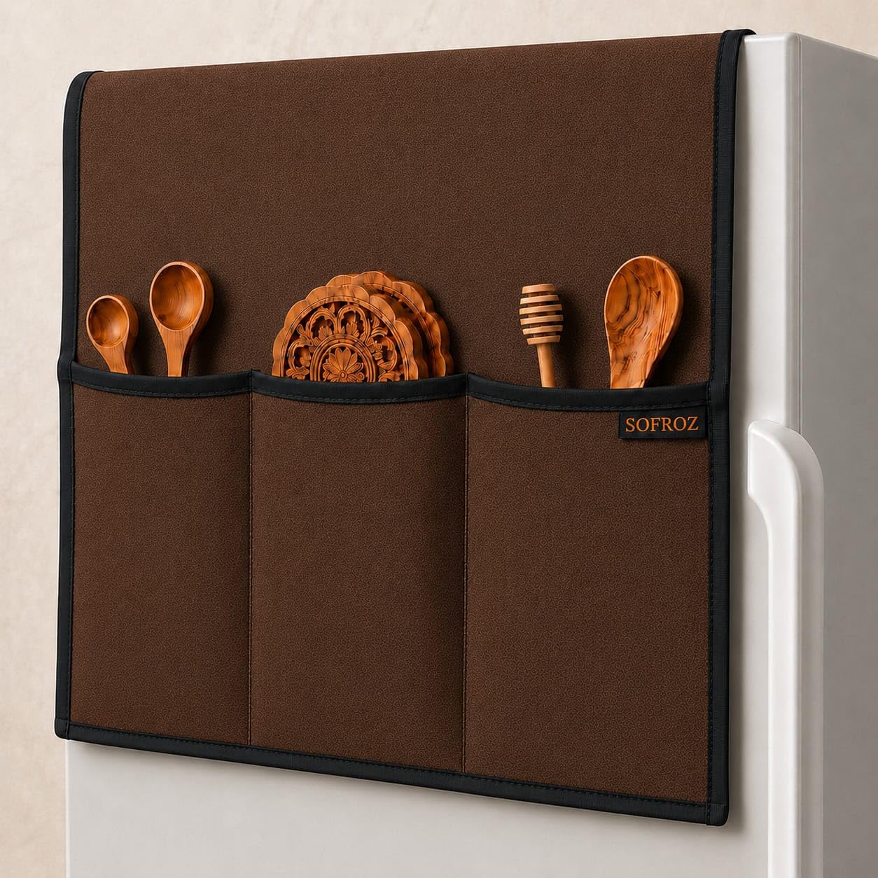 SOFROZ Refrigerator Single Door Waterproof, Dustproof, Protective Cover for Fridges with Extra Storage Space Nylon Top Cover with 6 Storage Pockets (130 x 54 cm) (Brown)
