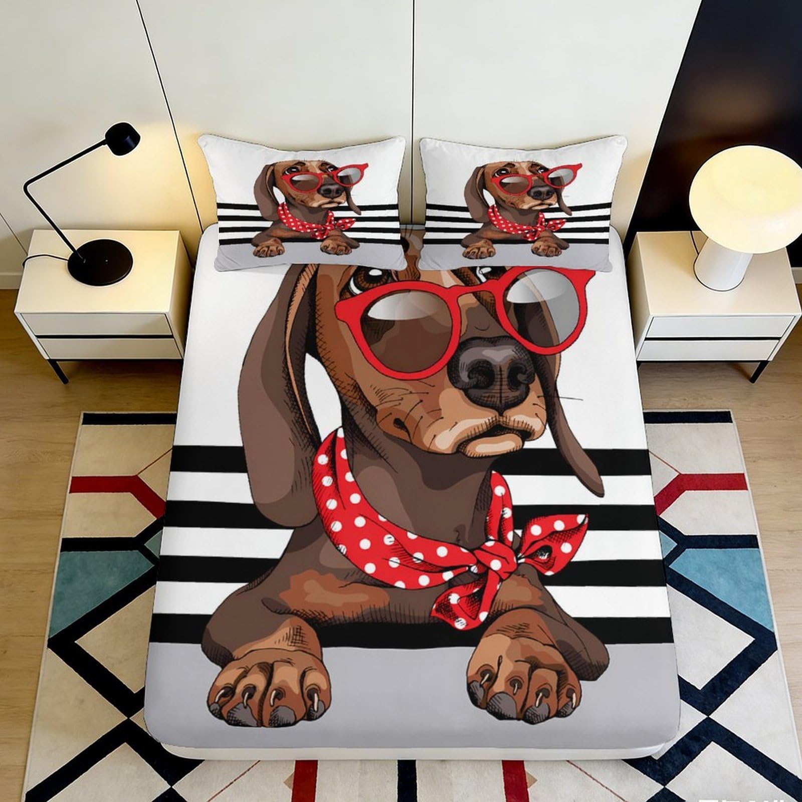 3D Printed Cool Dachshund Fitted Sheet Microfiber Soft Breathable Dog Pattern Mattress Cover for Bedroom Dormitory Guest Room Bed Protection 180x200x25cm