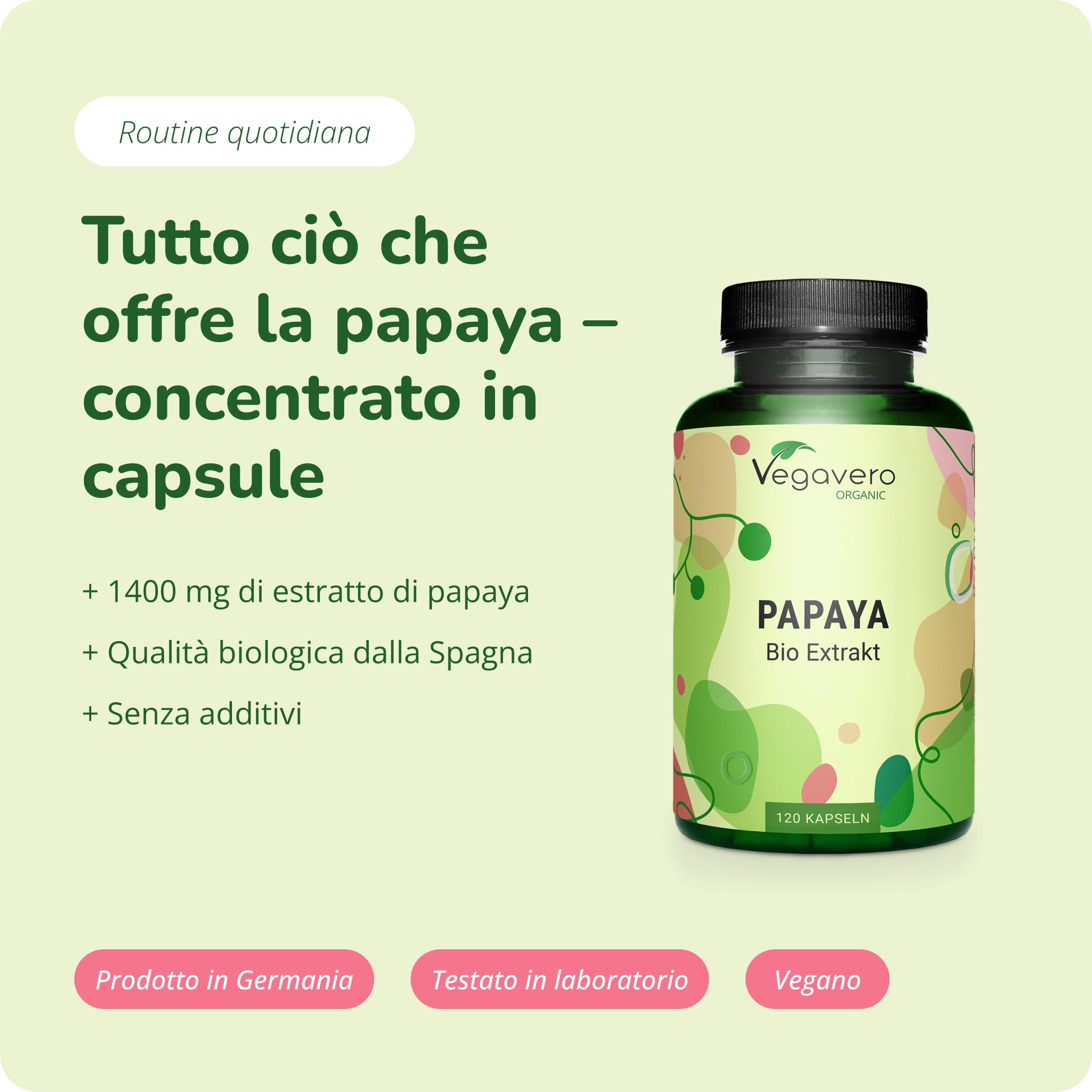 PAPAYA BIO Vegavero® | 700 mg | Biologica dall'Europa | 120 capsule | per DIGESTIONE e DIFESE IMMUNITARIE | Vegan