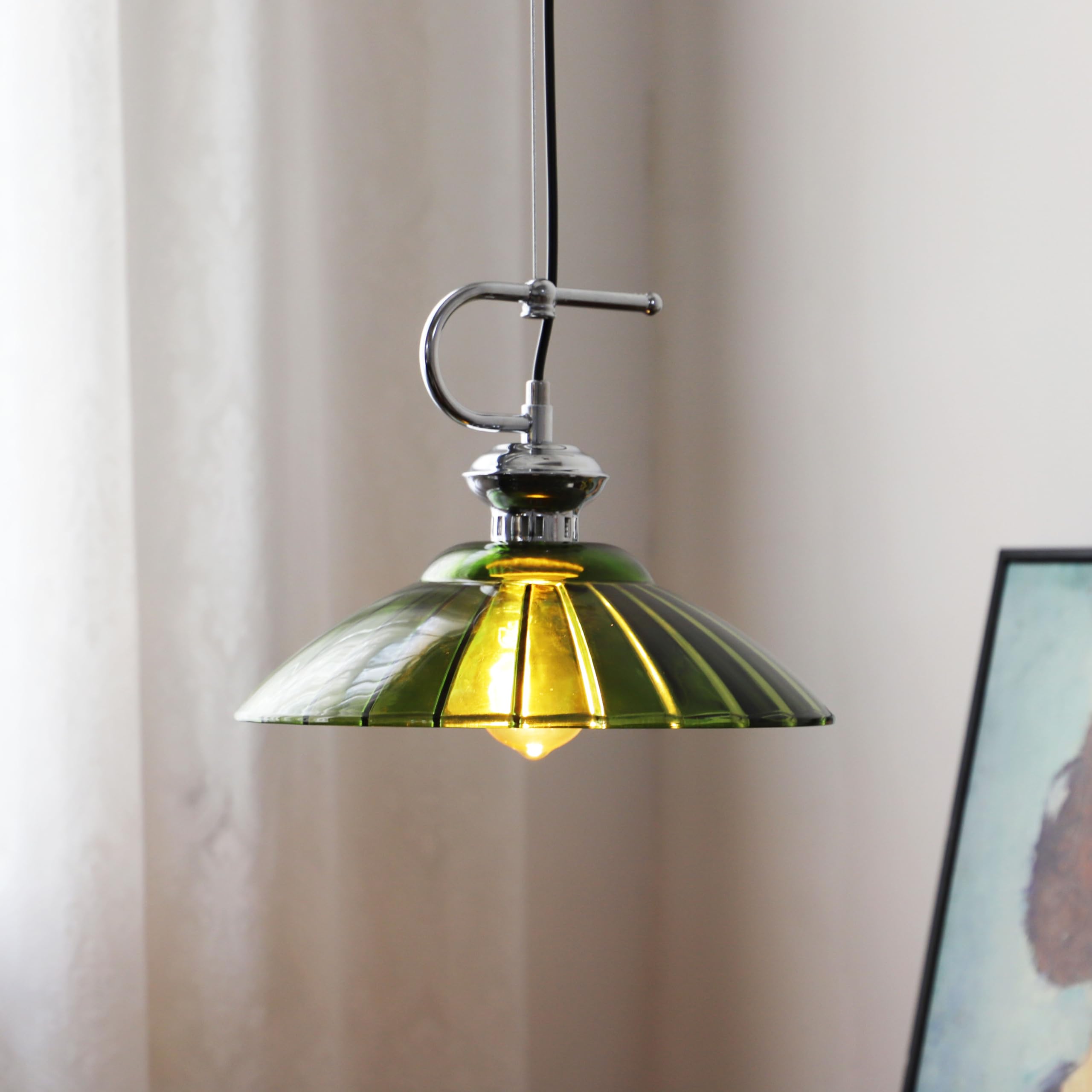 Industrielle Glas Pendelleuchte mit Chrom-Akzenten & 180cm verstellbares Hängekabel, E27 Vintage Hängelampe für Küche Esszimmer Schlafzimmer (Grün, 25cm)