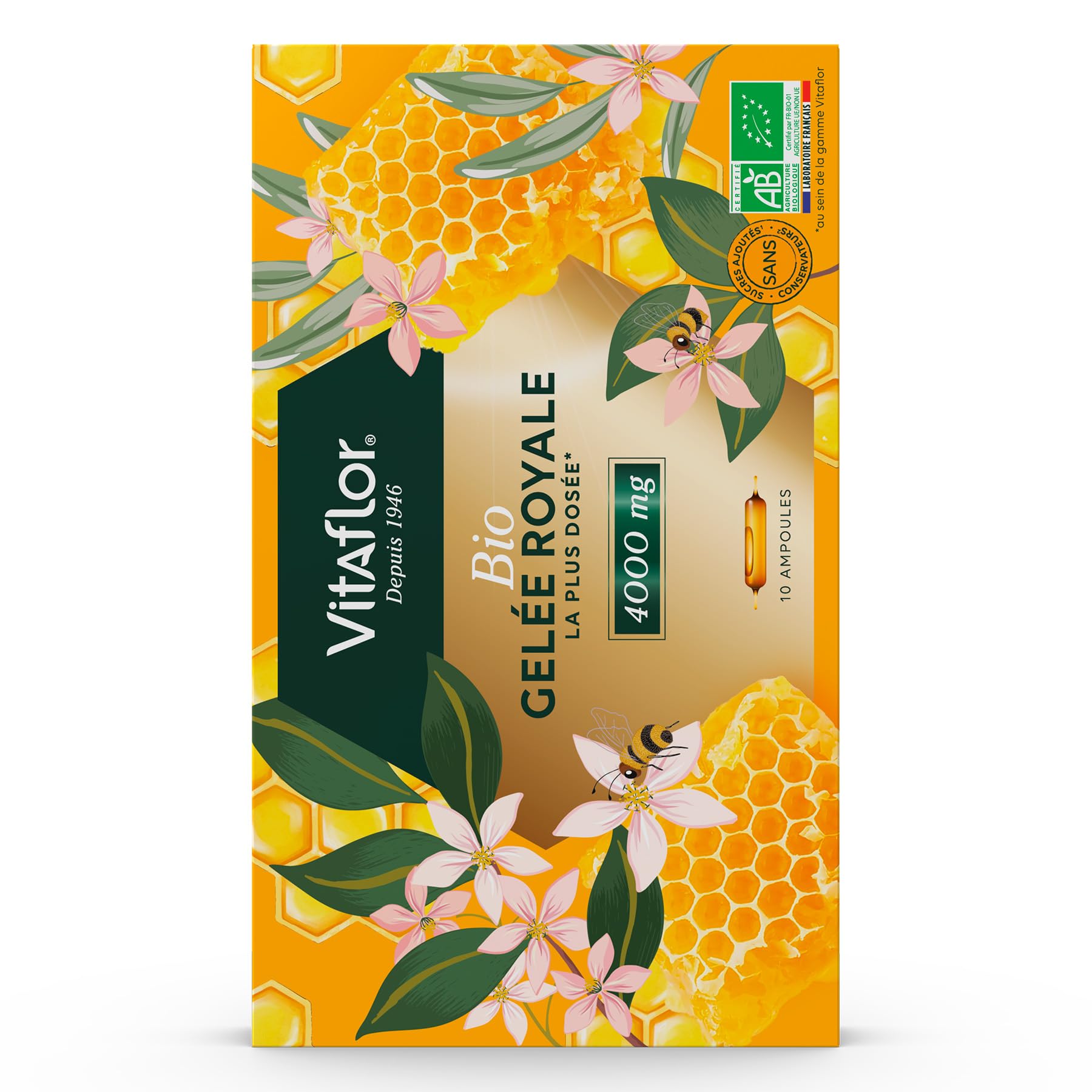 VITAFLOR Gelée Royale Bio 4000 mg | Boîte de 10 Ampoules | Programme de 10 Jours | Goût Orange