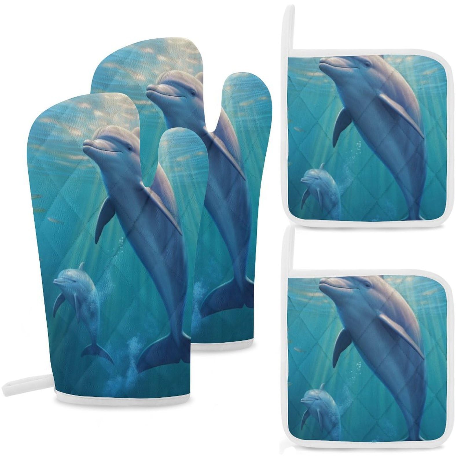 Oven Mitts and Pot Holders Set of 4 Heat Resistant Non-Slip Kitchen Gloves Hot Pads Cute Dolphin Mittens Gloves Non-Slip Potholders for Cooking Baking Grilling BBQ