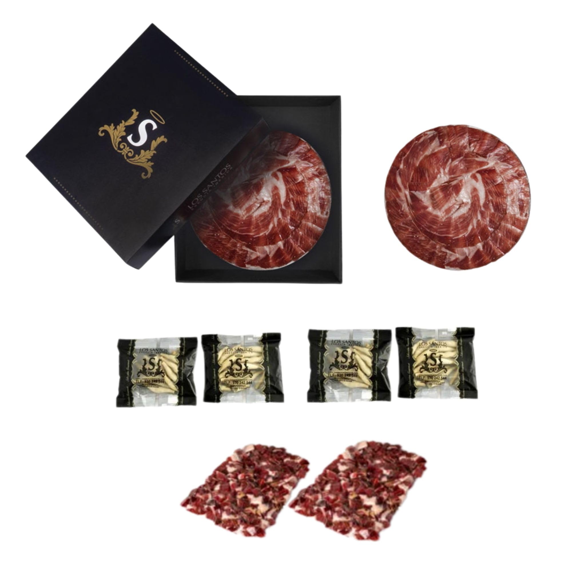 PACK Jamon 50% ibérico de bellota, corte a cuchillo redondo con taquitos de jamon y picos (7 sobres)