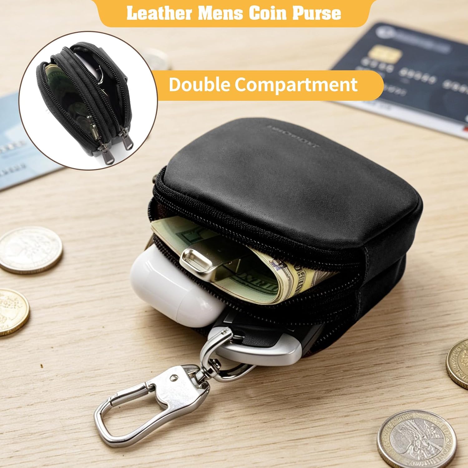 Jack&Chris Coin Purse for Men, Genuine Leather Mini Coin Wallet Zipper Pocket with Back Belt Loop, Coin Bag for Men