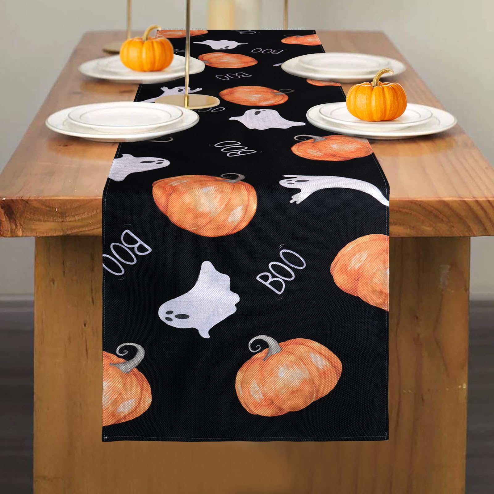 Fowecelt Halloween Tischläufer Kürbisse Geist: 33 X 183cm Gespenstisch Boo Schwarz Tabelle Läufer für Herbst Urlaub Küche Essen Halloween Party Dekoration