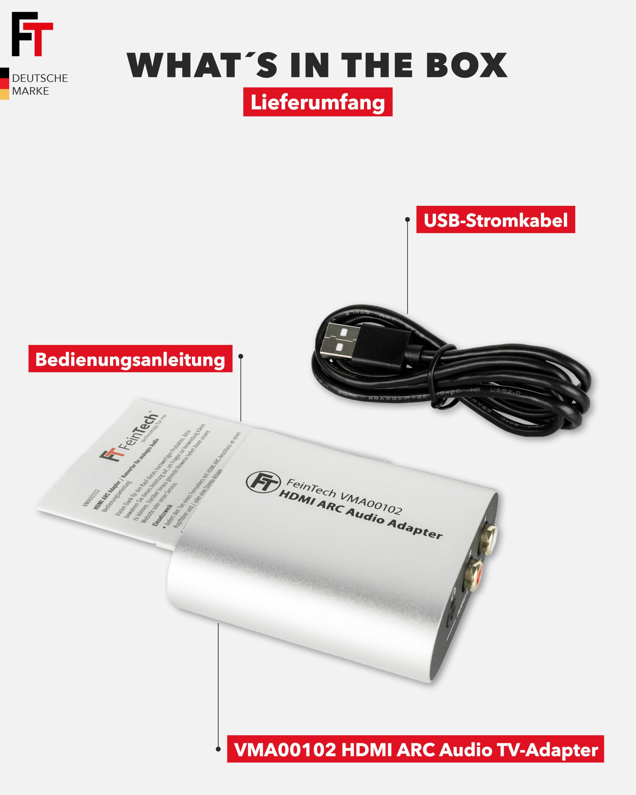 FeinTech HDMI ARC Audio Extractor Adapter für TV mit Lautstärke-Steuerung Cinch AUX Klinke 3.5mm