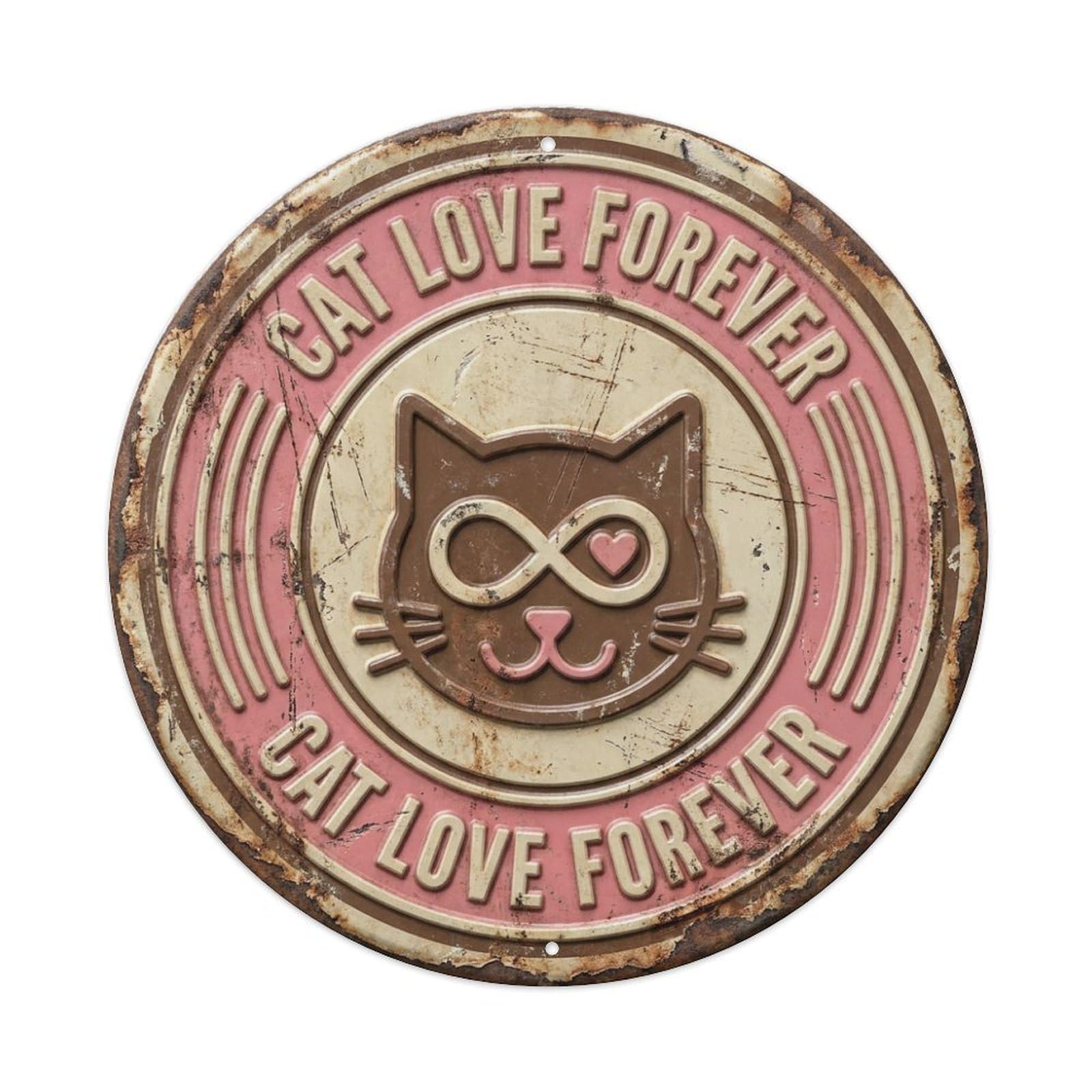Vintage Cat Love Forever Feline Metal Tin Sign Plaque Wall Decor for Cafe, Club, Garden Round Metal Poster 8x8Inch