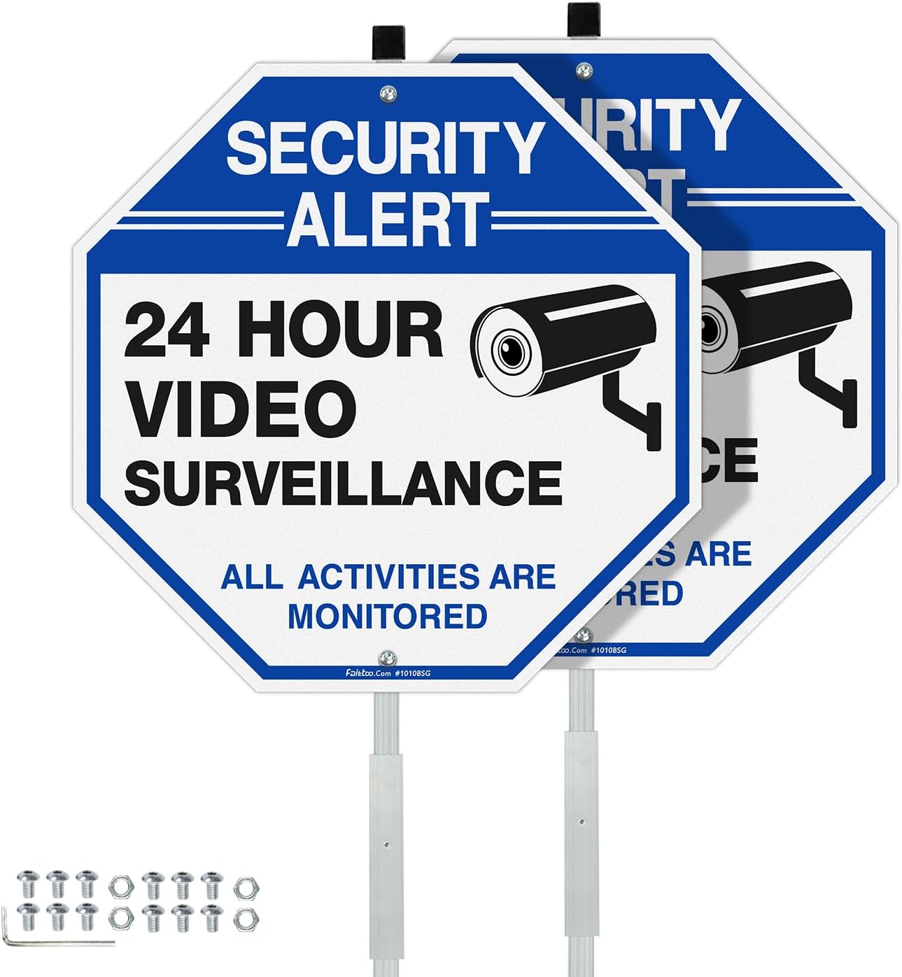 Faittoo Security Sign Video Surveillance Sign with 42" Stake, 2-Pack 10"x10" Rust Free Heavy Aluminum, Reflective, Fade Resistant, 2 Pe-drilled Holes, Includes Matching Screws & Wrench