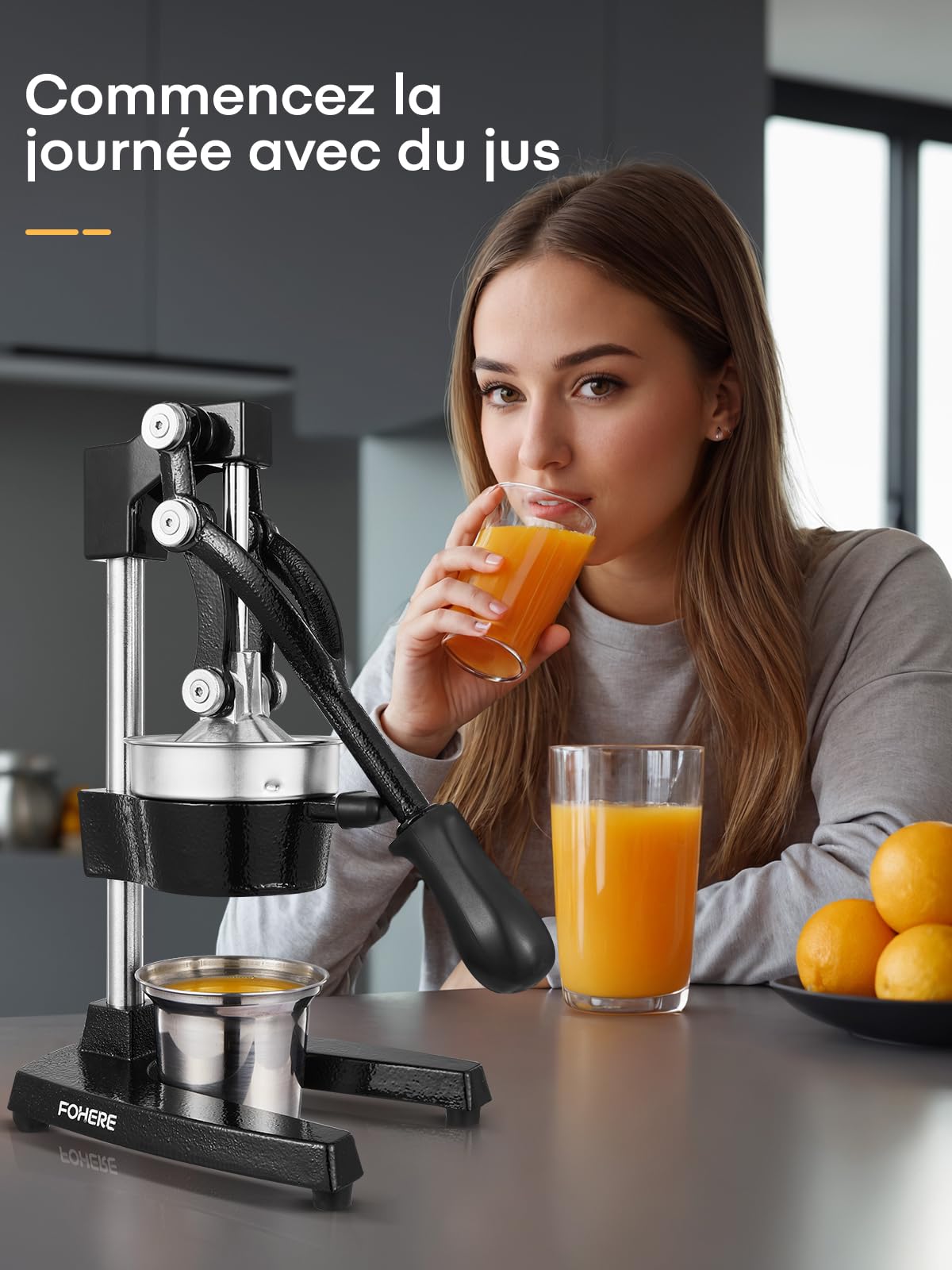 Presse Agrumes Manuel FOHERE, Presse Citron en Fonte, Presse Agrumes Commercial à Main pour Orange, Citron, Grenade, Pamplemousse, Presse Agrumes Facile à Nettoyer avec une Tasse en Acier Inoxydable