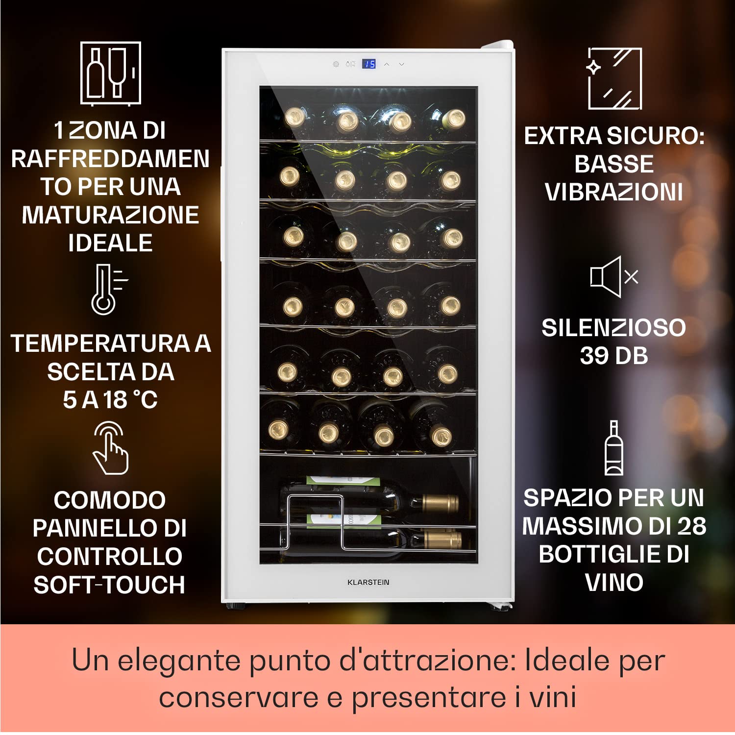 KLARSTEIN Cantinetta Vino Design, Cantinetta Vino Refrigerata a Zona Singola per Vino Rosso, Bianco e Birra, Controlli Touch, Frigo Vino Cantinetta per Esterno/Interno, 5-18°C, 74L, 28 Bottiglie