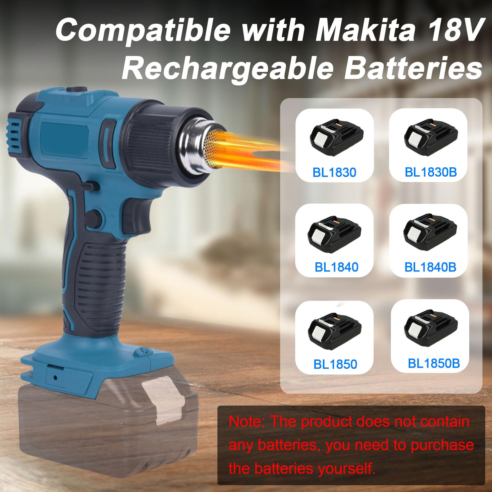 Akku Heißluftpistole Kompatibel mit Makita 18V, 50-550℃, 5 Düsen, LCD-Display, Kabellos Heißluftgebläse