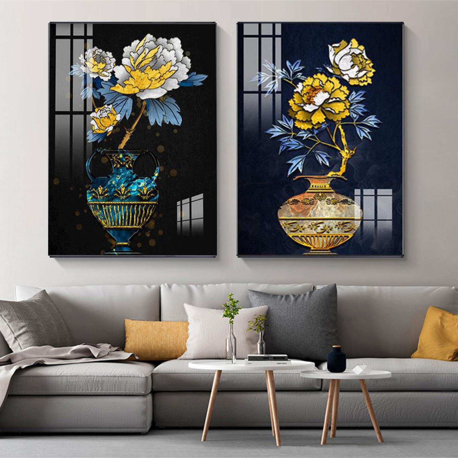 dsdsgog Blue Leaves Yellow Flowers Still Life Posters and Canvas Prints Painting Canvas Wall Art Pictures for Bedroom Decor 60x80cmx3 Frameless