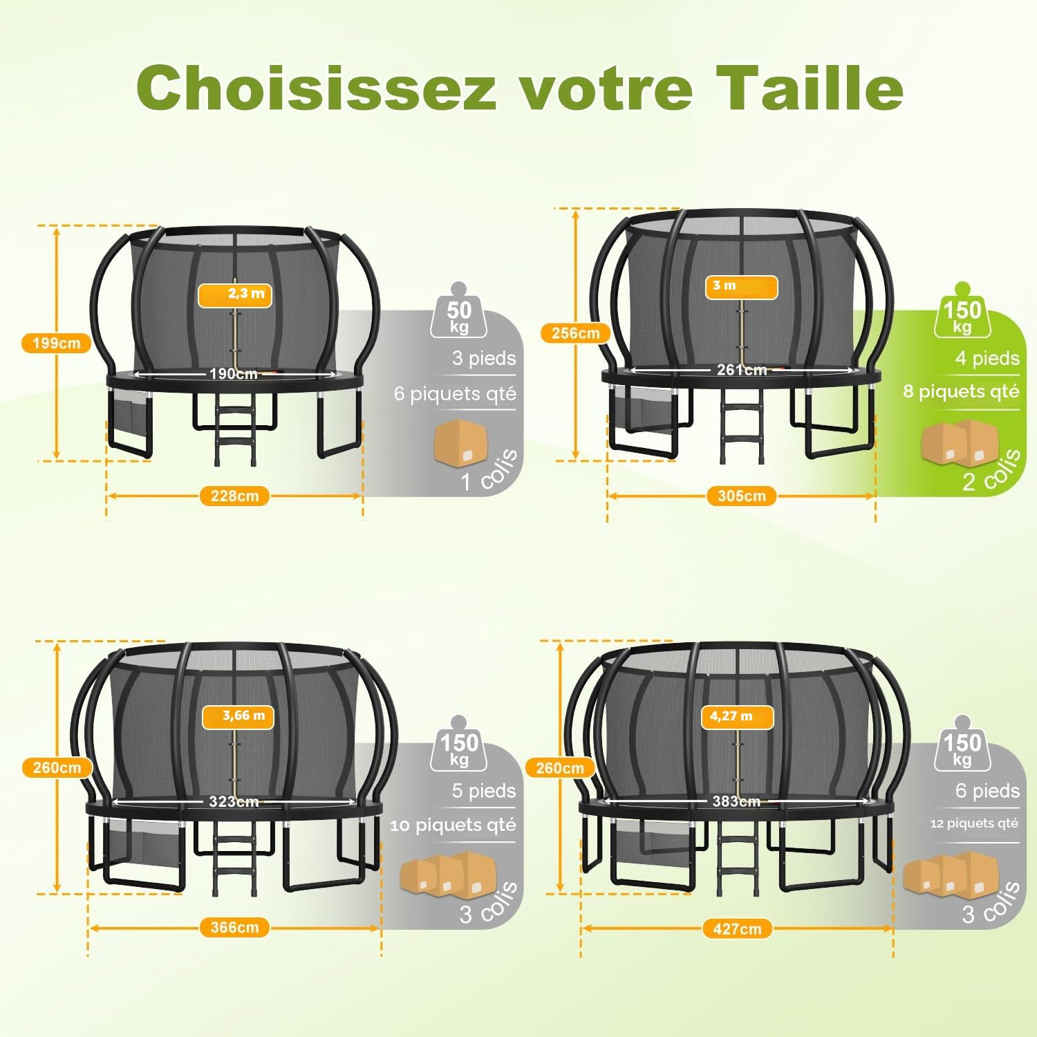 Devoko Trampoline Extérieur Ø 228/305/366/427 cm, pour Enfants, avec Filet de Sécurité, GS Certification, Couverture de Protection, Design Citrouille, Capacité de Charge 150 kg