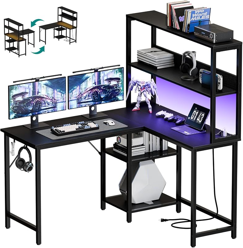 Escritorio en forma de L OLIXIS, escritorio para juegos, luces LED, 43 pulgadas | Tomacorrientes, mesa de oficina en casa de esquina reversible, soporte de CPU de estante ajustable, negro