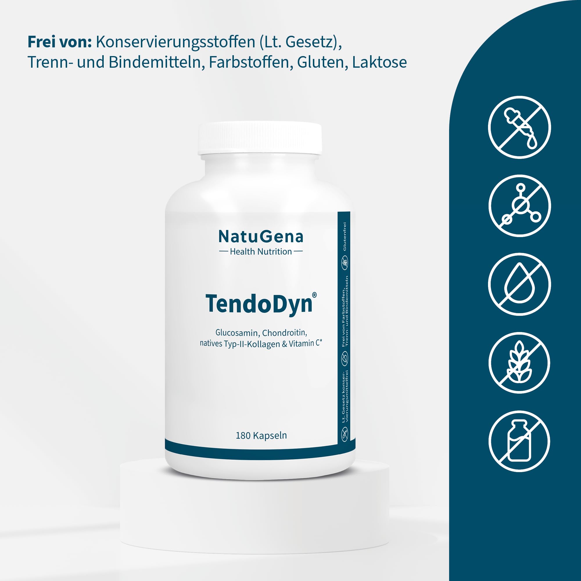 NatuGena TendoDyn Glucosamin, Chondroitin & natives Typ-II-Kollagen, zum Erhalt der Knochen, Zähne, Nägel und Bindegewebe, Kapseln (1 Monats Packung)