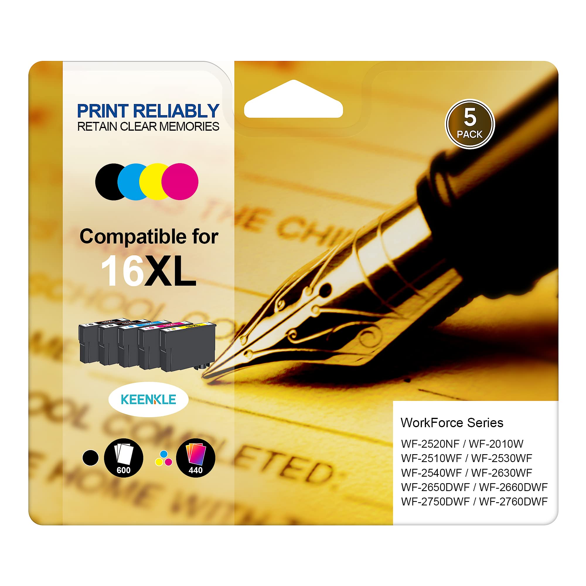 KEENKLE 16XL Ink Cartridges Replacement for Epson 16 XL for Workforce WF2750 WF2630 WF2530 WF2510 WF-2750 WF-2630 WF-2760 WF-2660 WF-2650 WF-2540 WF-2510 WF 2750 (Black Cyan Magenta Yellow, 5-Pack)