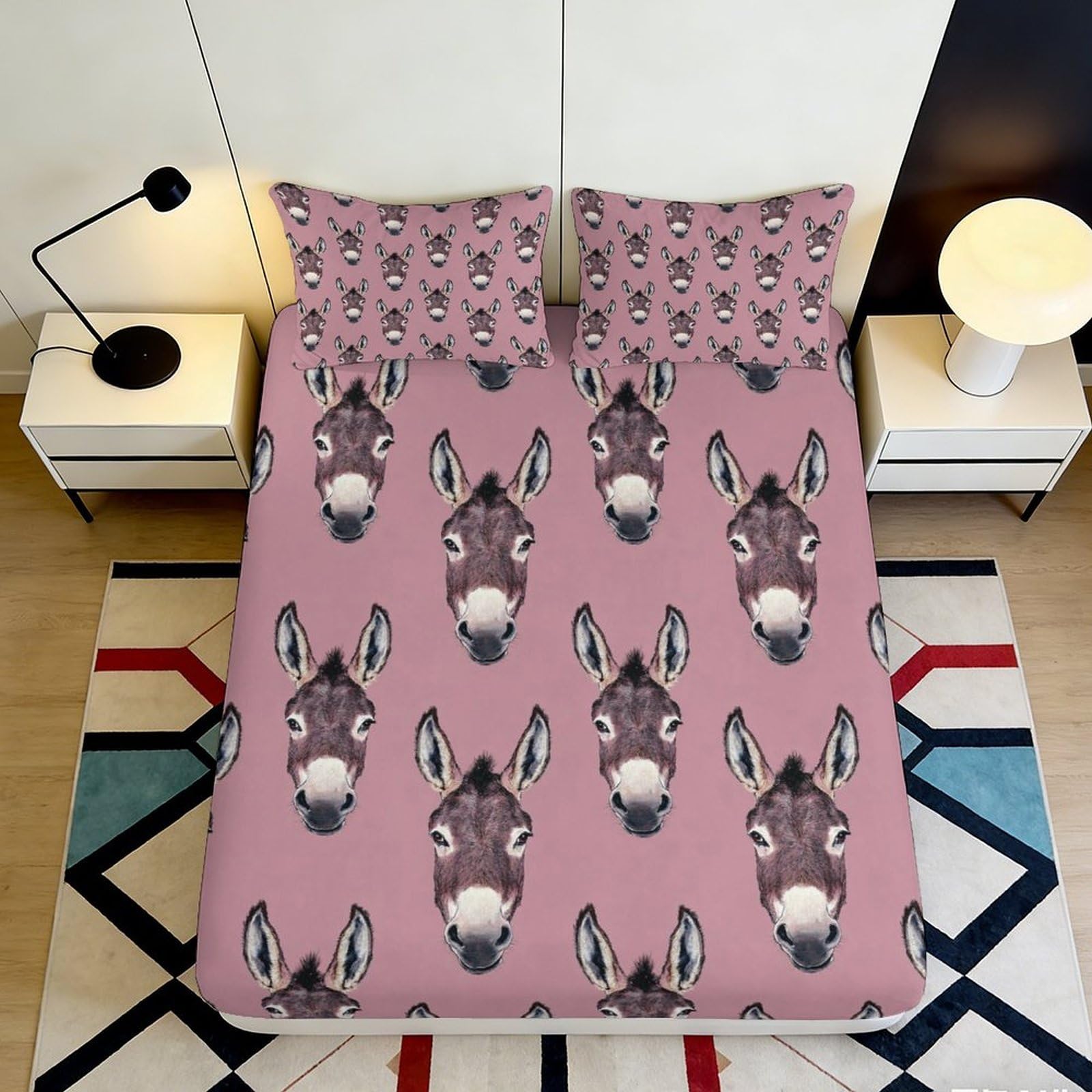 3D Printed Donkey Face Fitted Sheet Microfiber Pink Animal Pattern Mattress Cover for Bedroom Dorm Decor 90x200x25cm