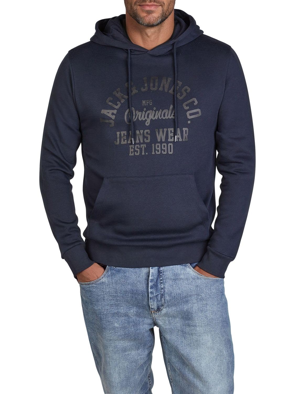 JACK & JONES Hoodie Herren Regular Fit JJEADRIAN Kapuzenpullover Pullover Sweater Print Blau 3XL, Größe:3XL, Farbe:Navy Blazer